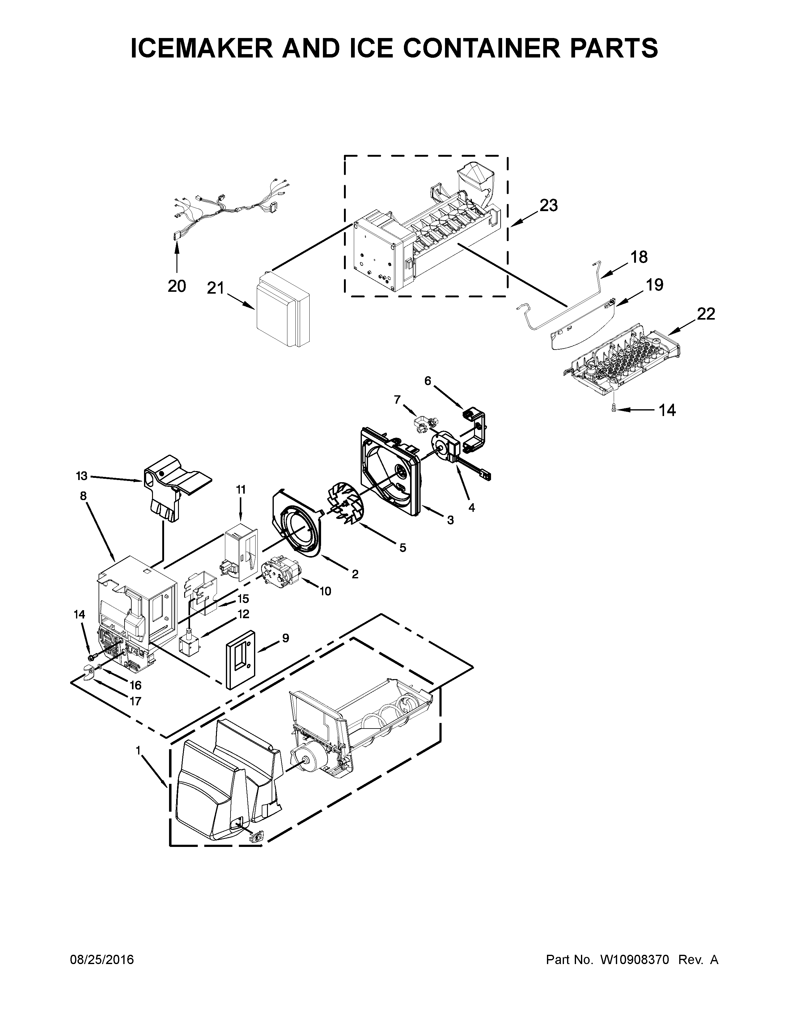 Maytag MFI2570FEH01 icemaker and ice container parts diagram