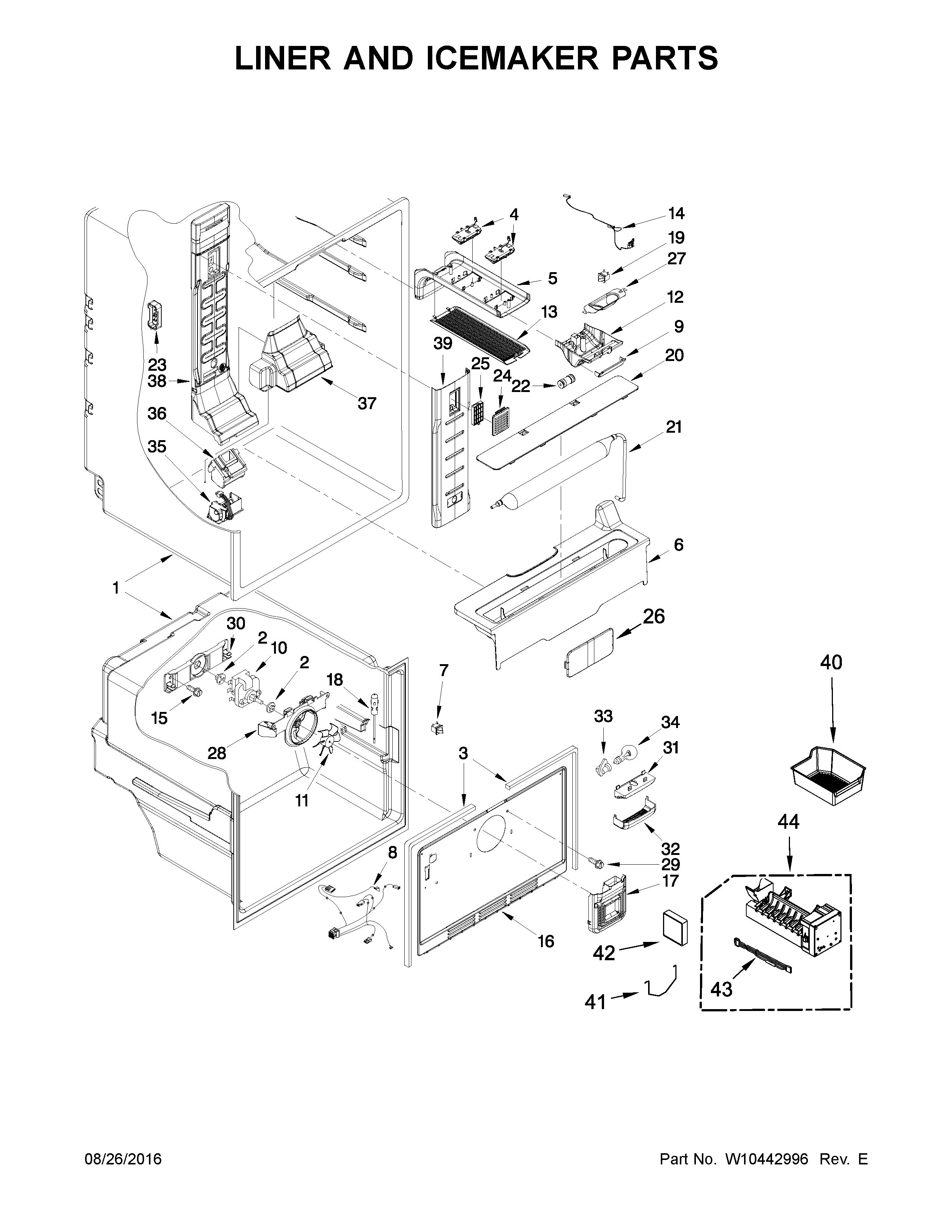 Whirlpool WRF560SEYB00 liner and icemaker parts diagram