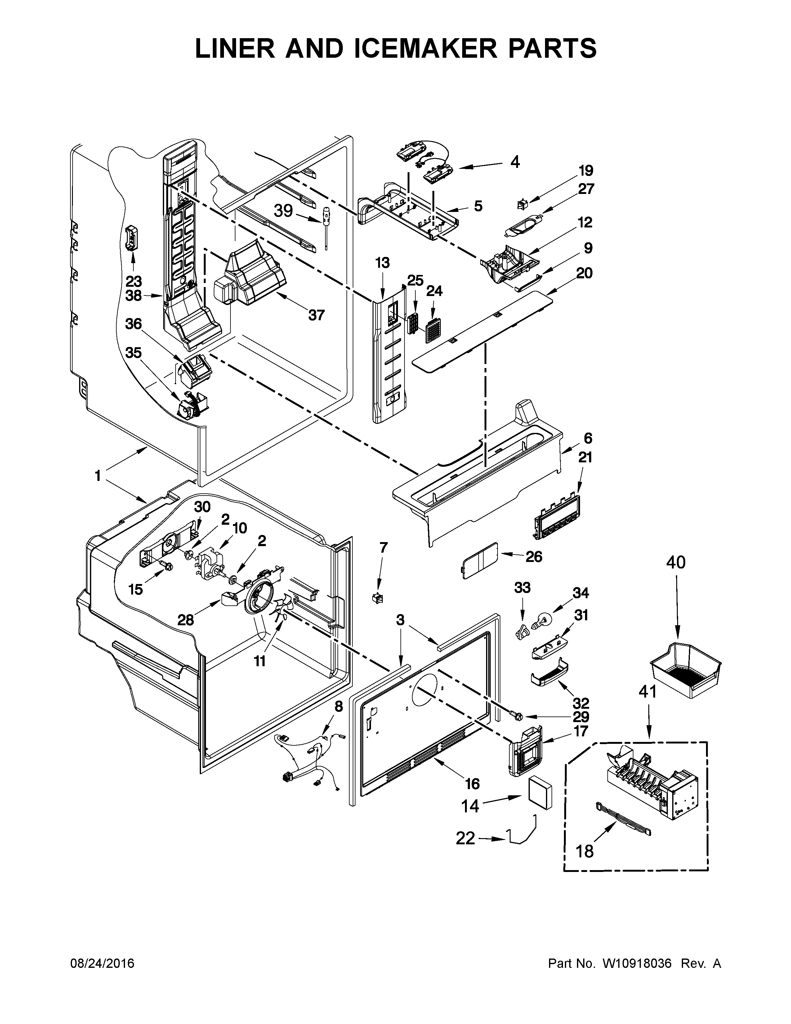 Whirlpool WRF560SMYE04 liner and icemaker parts diagram