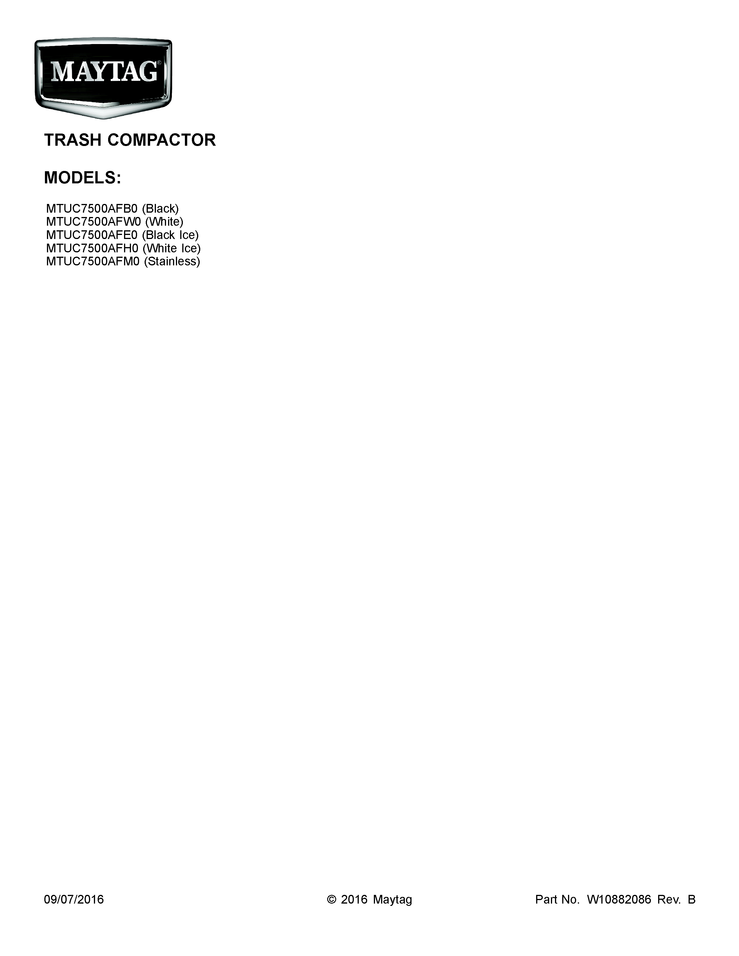 Maytag MTUC7500AFB0 cover sheet diagram
