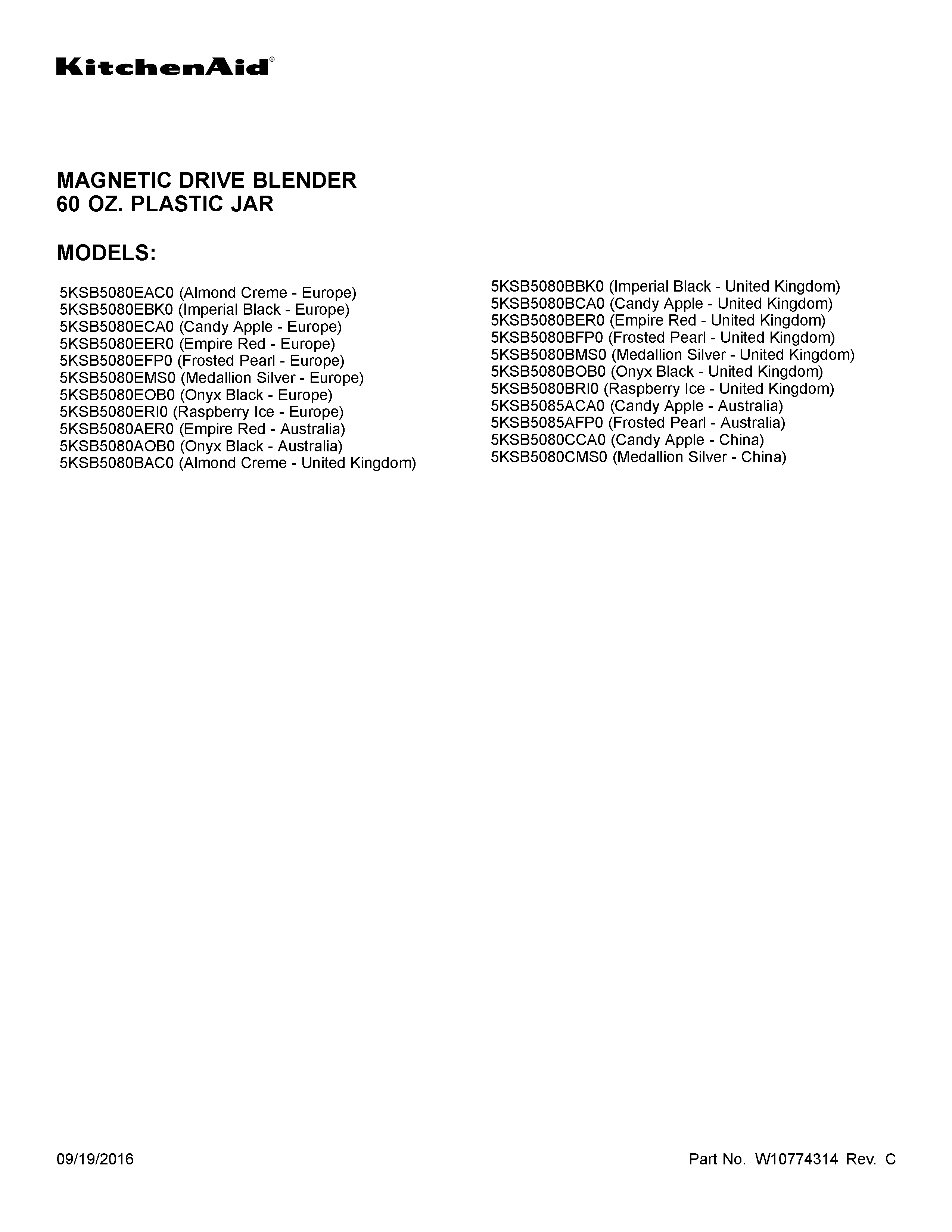 KitchenAid 5KSB5080EER0 cover sheet diagram