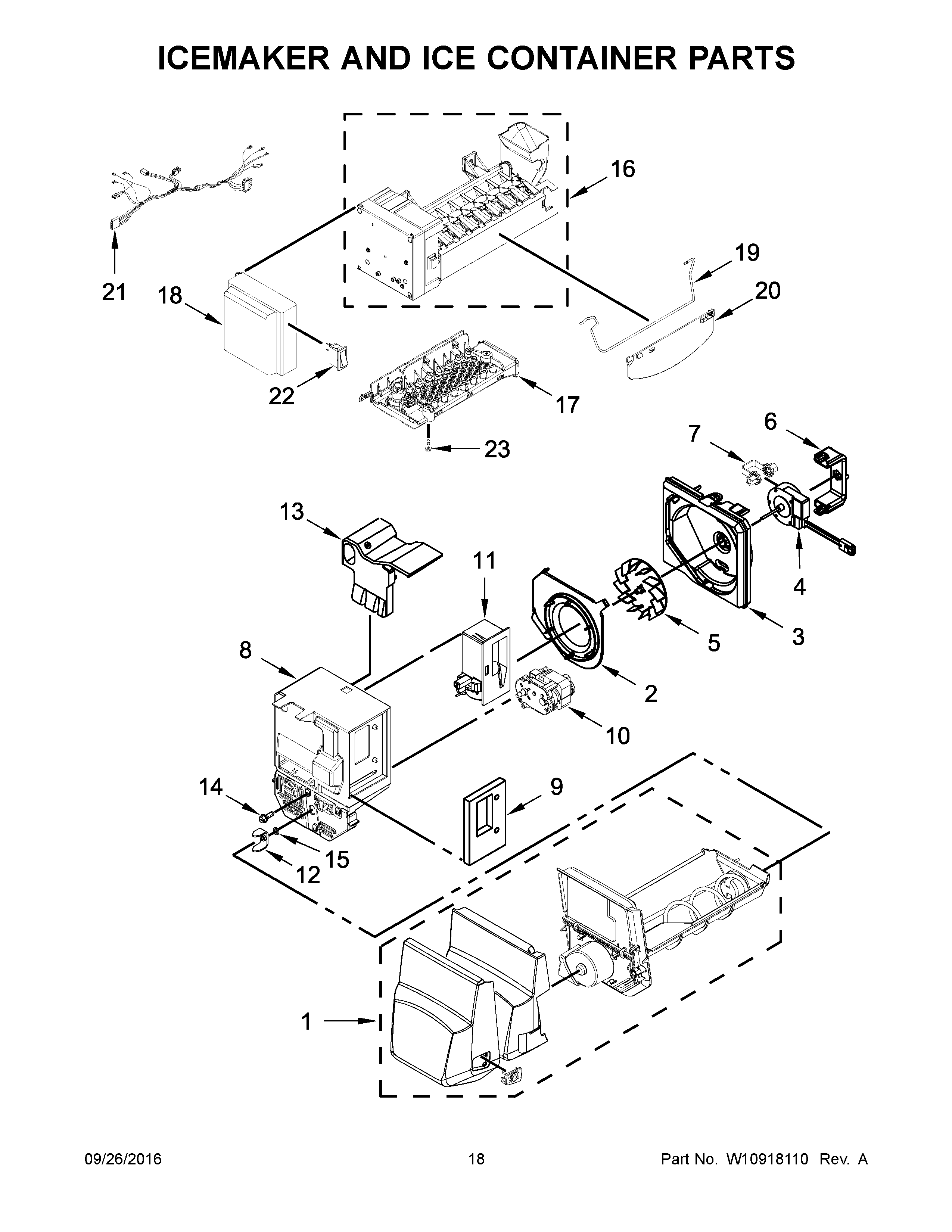 Maytag MFI2269FRB00 icemaker and ice container parts diagram