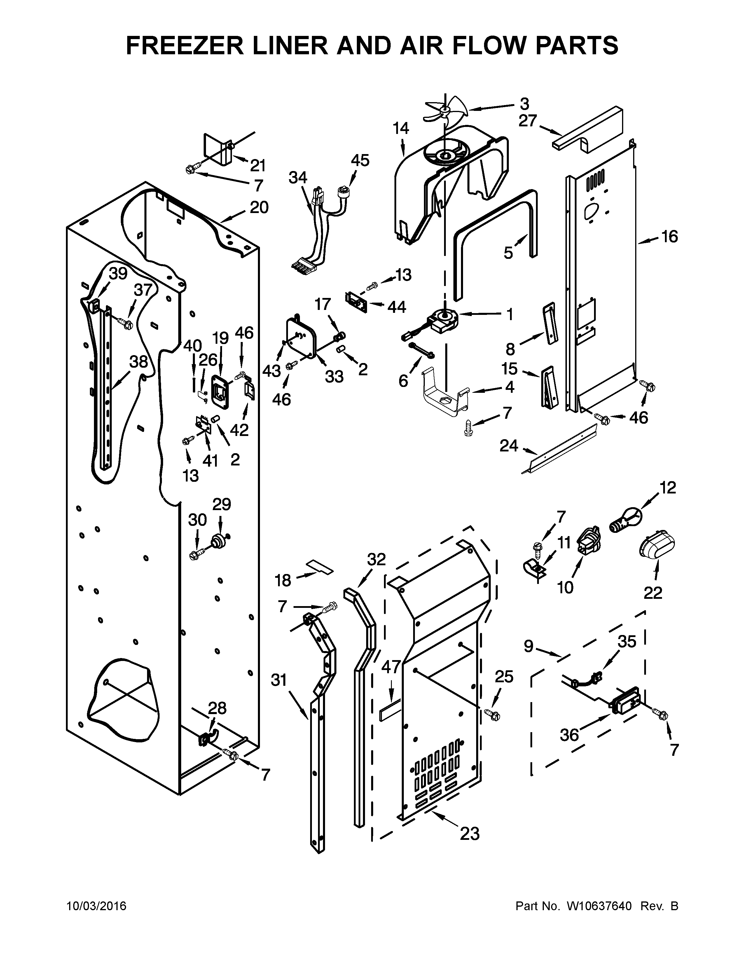 KitchenAid KSSC48QVS06 freezer liner and air flow parts diagram