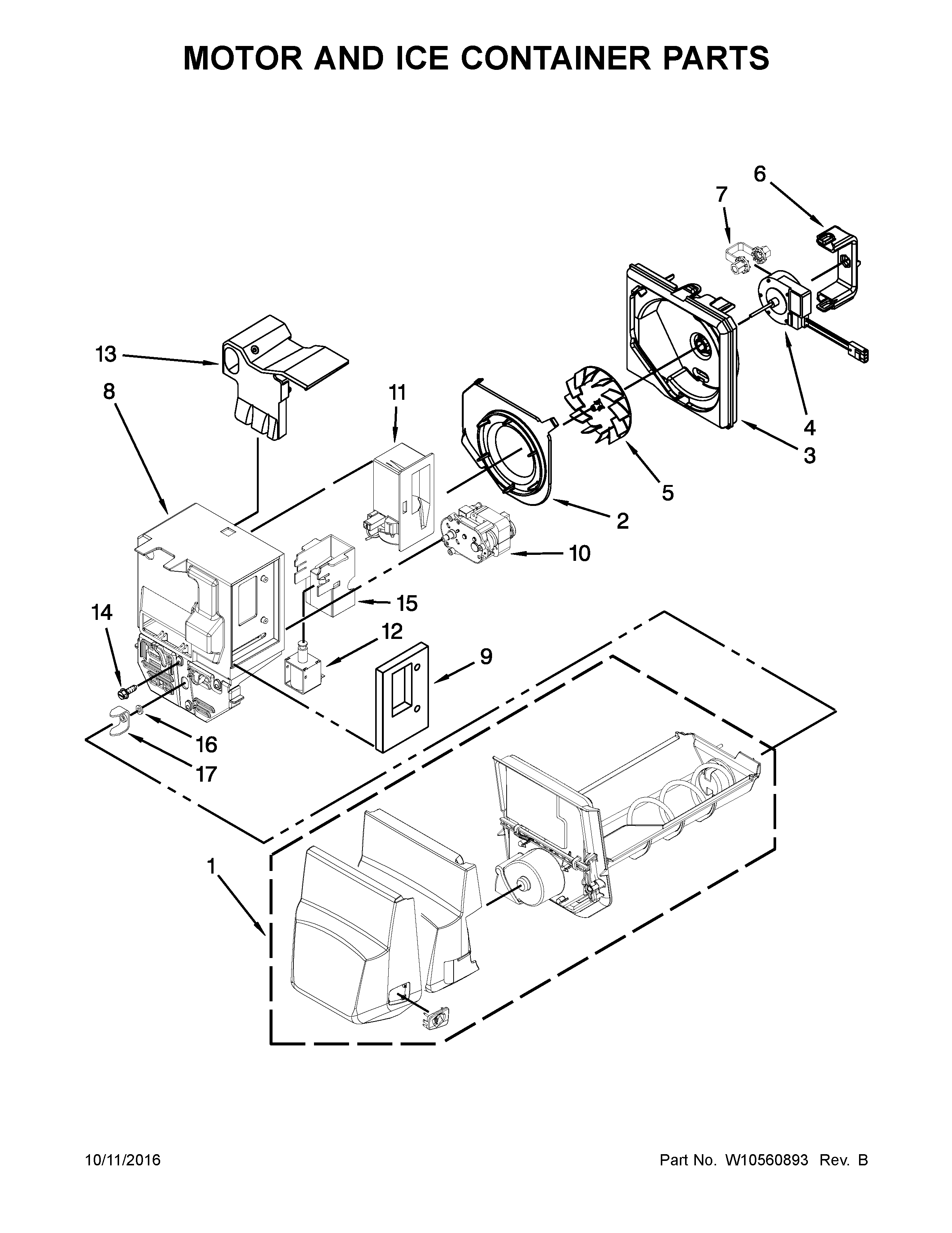 KitchenAid KFXS25RYMS5 motor and ice container parts diagram