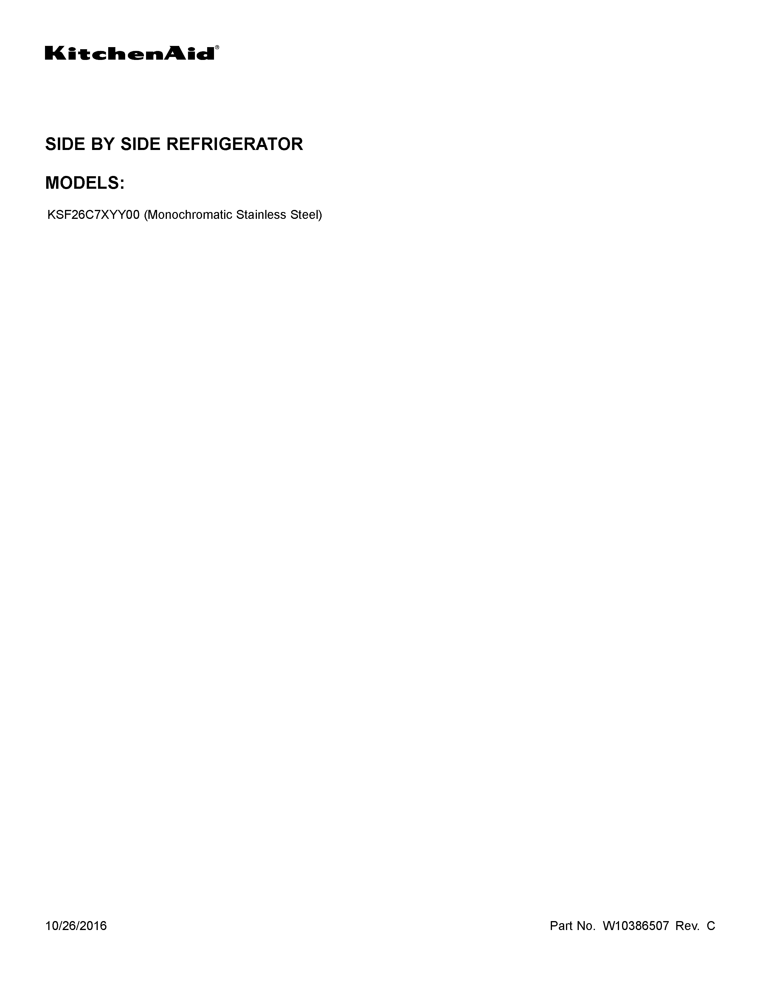 KitchenAid KSF26C7XYY00 cover sheet diagram