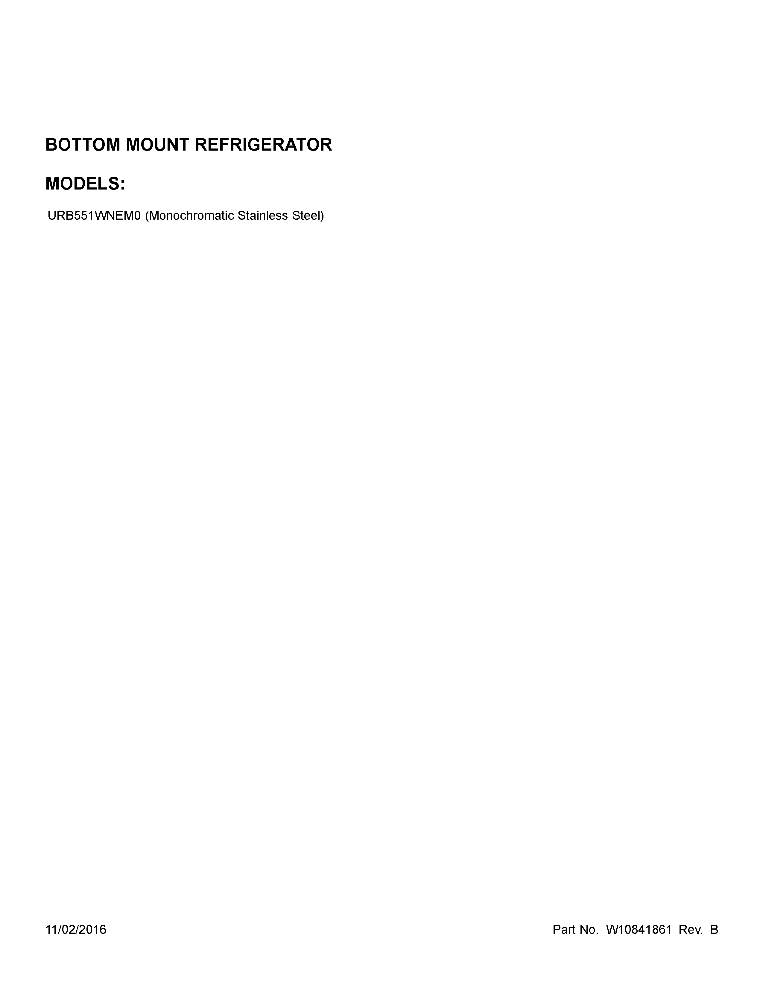 Whirlpool URB551WNEM0 cover sheet diagram