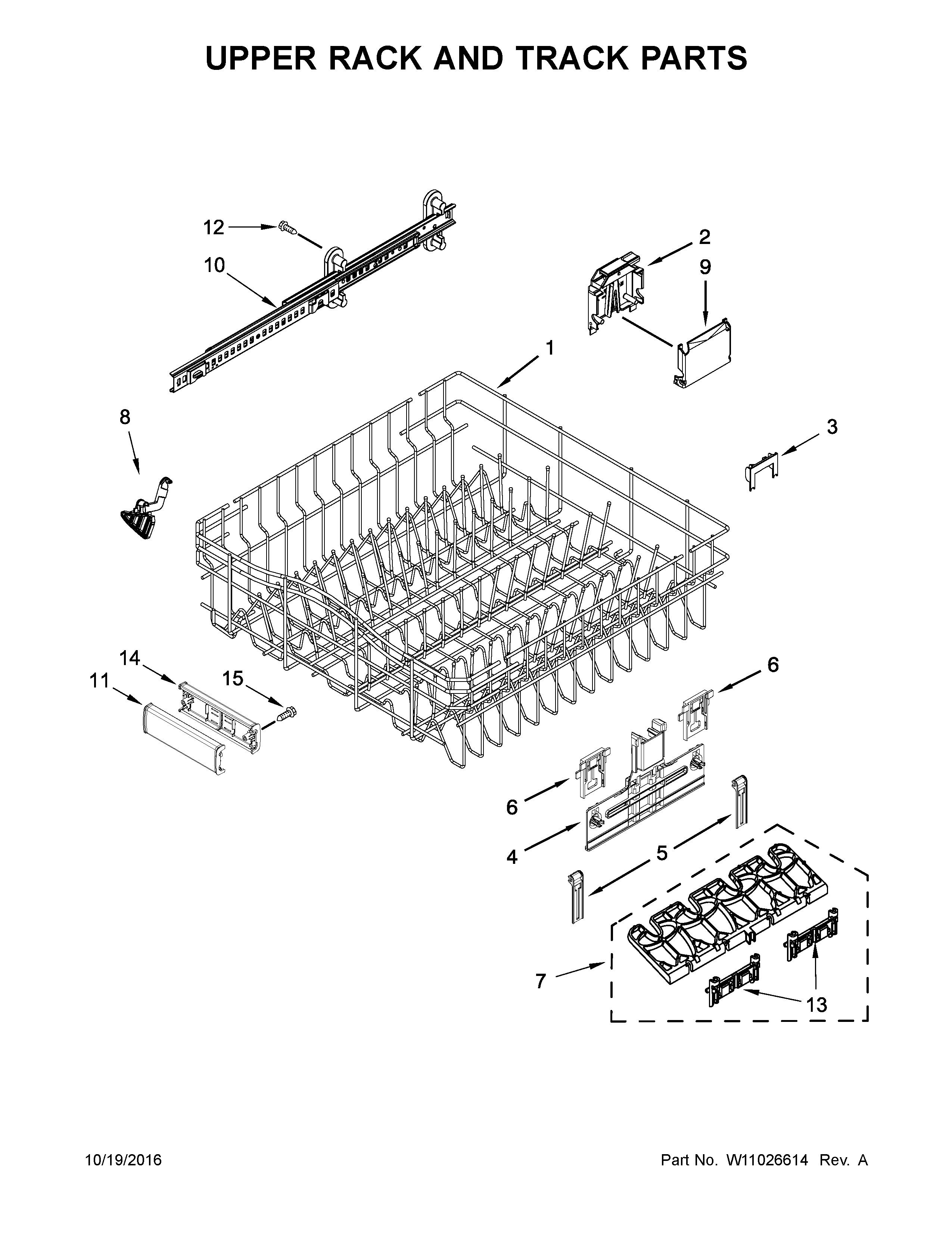 KitchenAid KDTE104EBL3 upper rack and track parts diagram