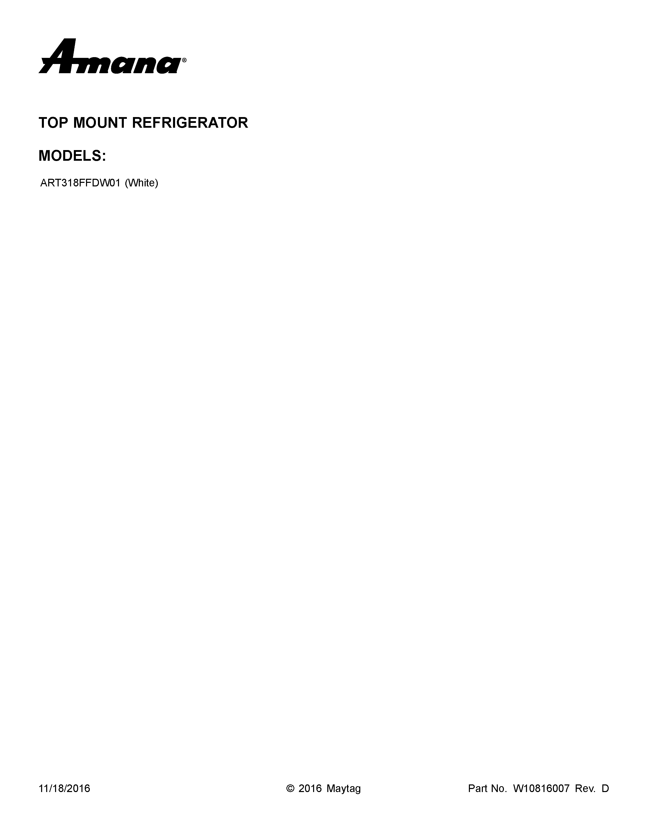 Amana ART318FFDW01 cover sheet diagram