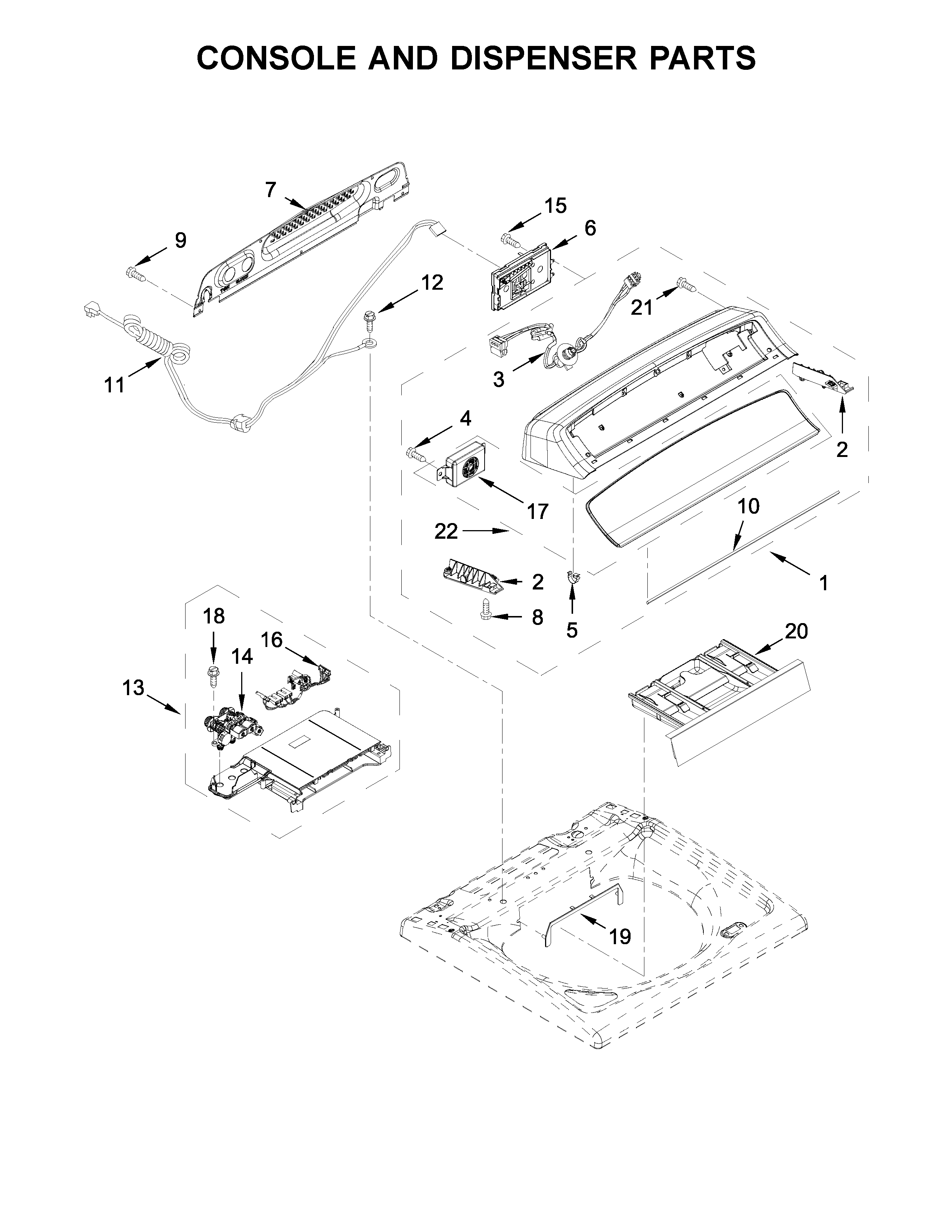 Whirlpool WTW8040DW2 console and dispenser parts diagram