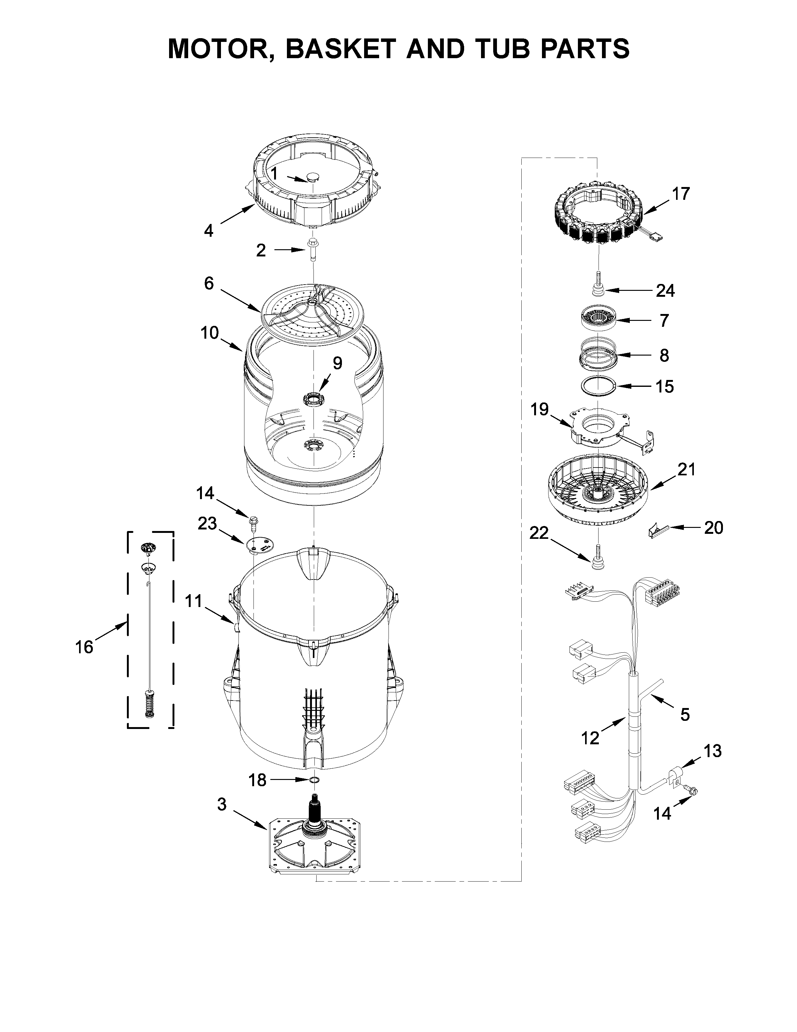 Whirlpool WTW8040DW2 motor, basket and tub parts diagram
