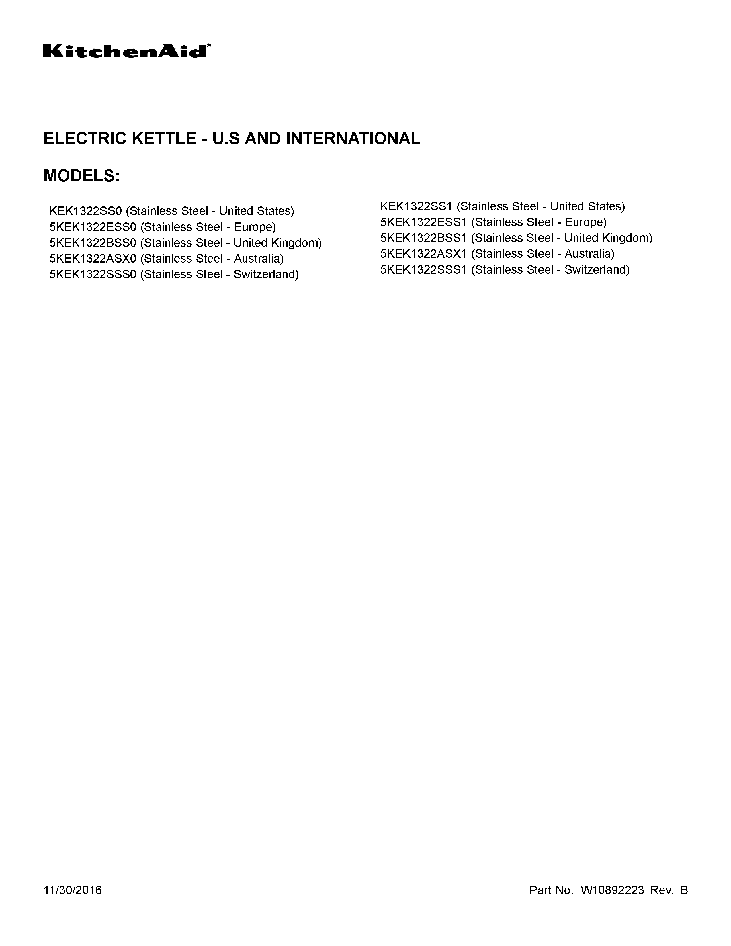 KitchenAid 5KEK1322BSS1 cover sheet diagram