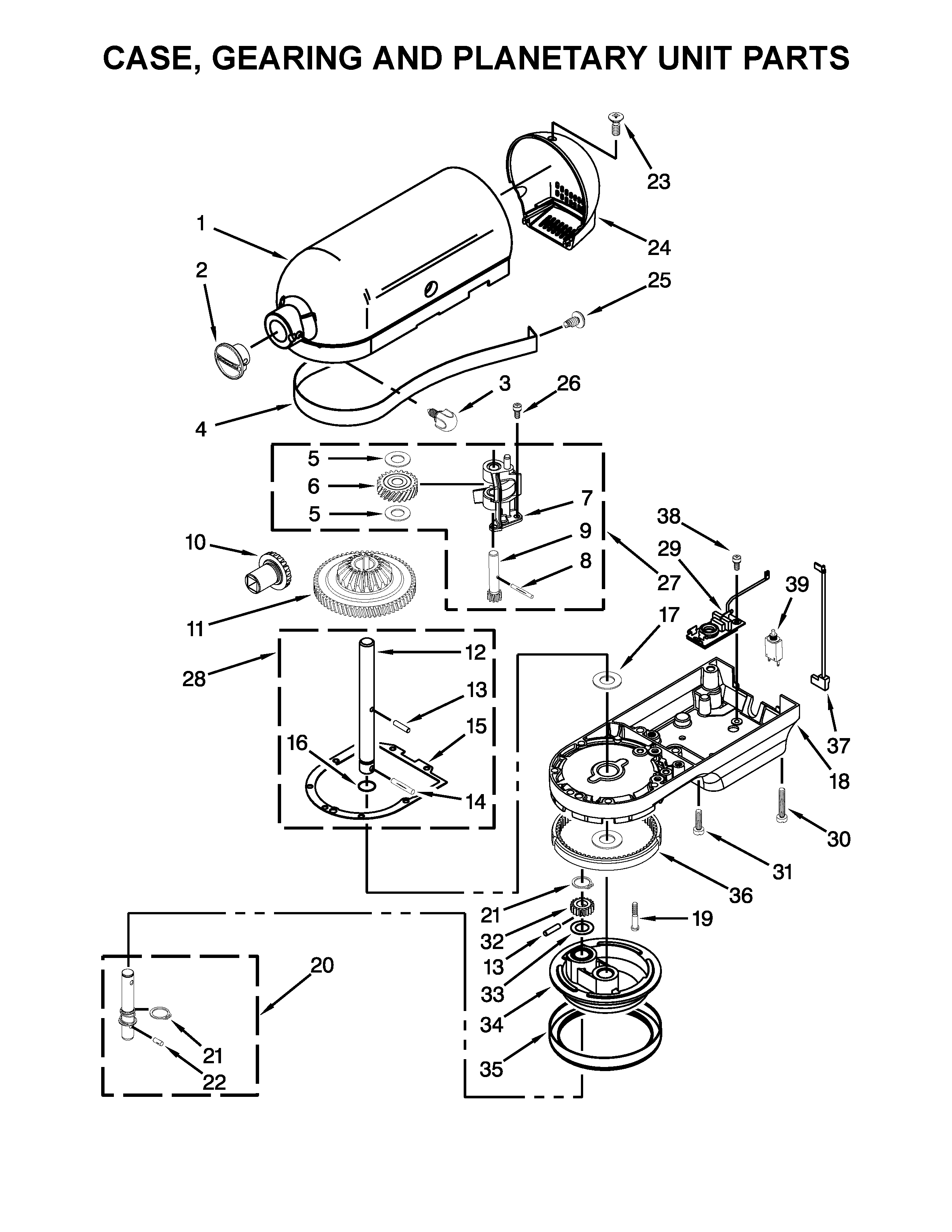 KitchenAid 3KSM5CBTWH0 case, gearing and planetary unit parts diagram