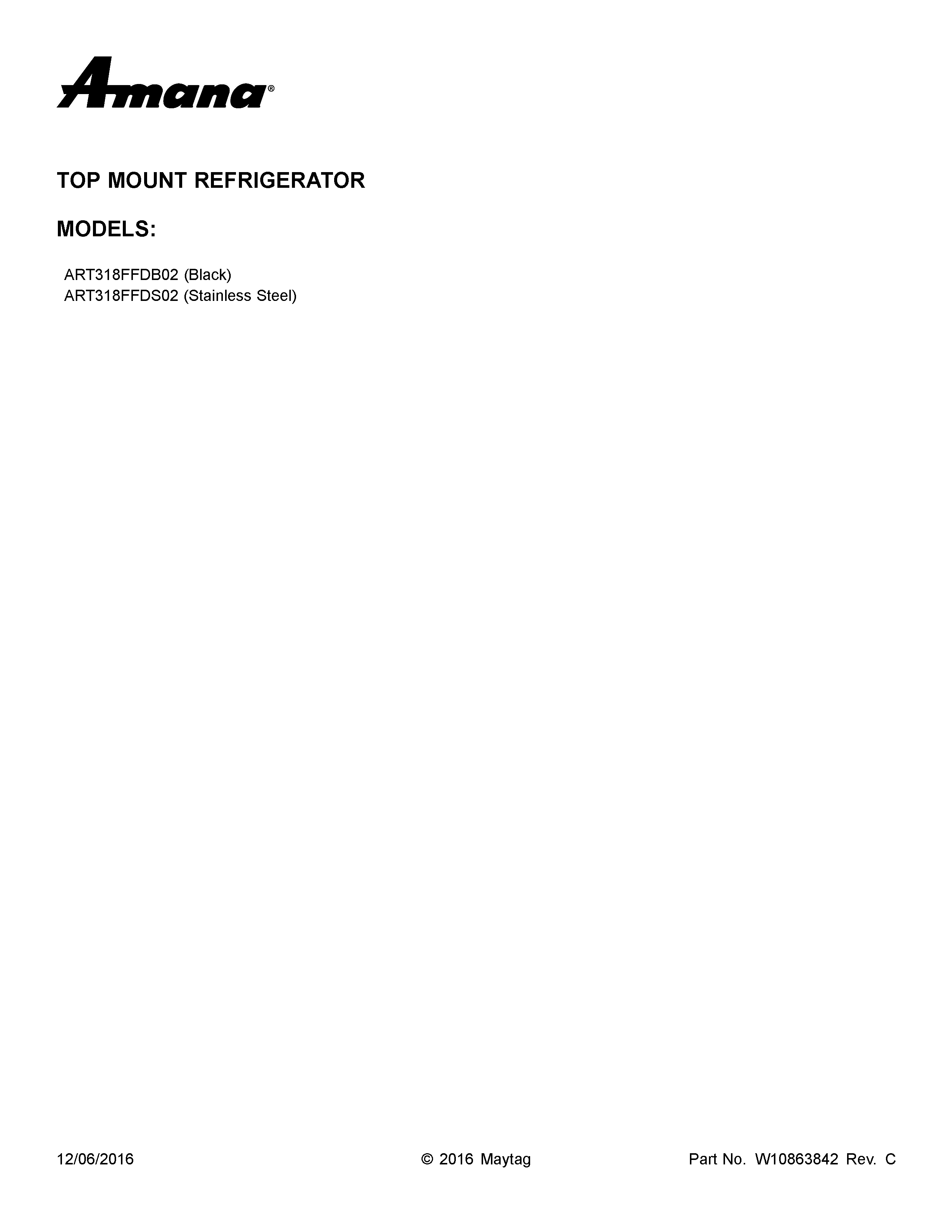 Amana ART318FFDS02 cover sheet diagram
