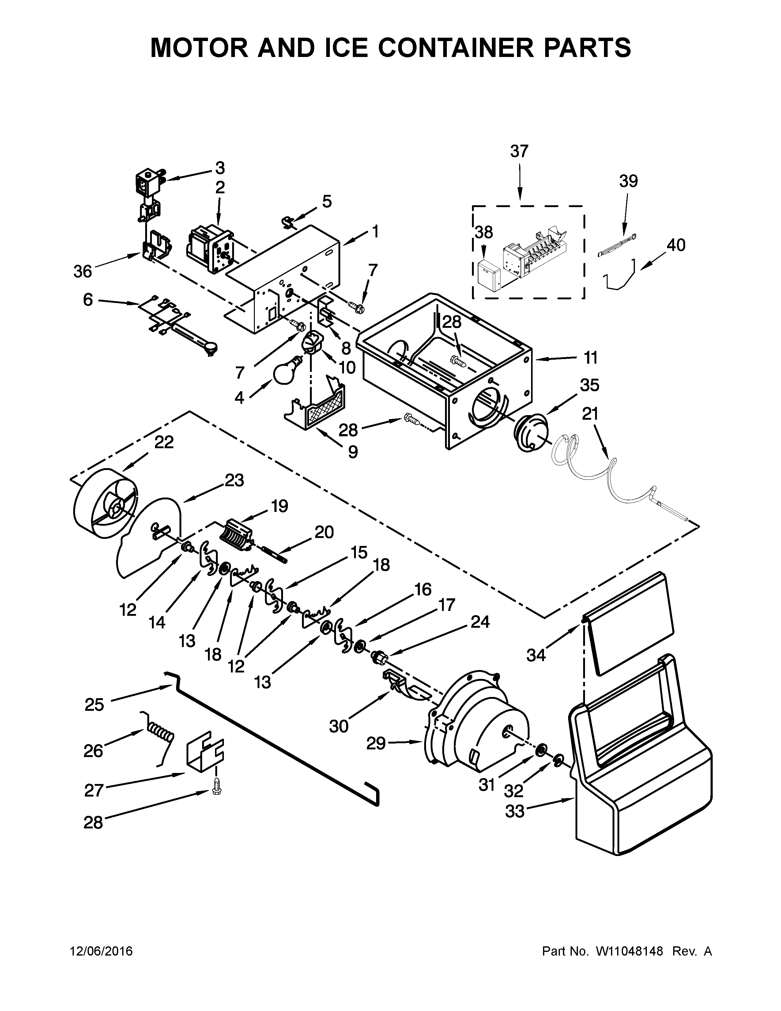 Amana ASI2275FRB00 motor and ice container parts diagram