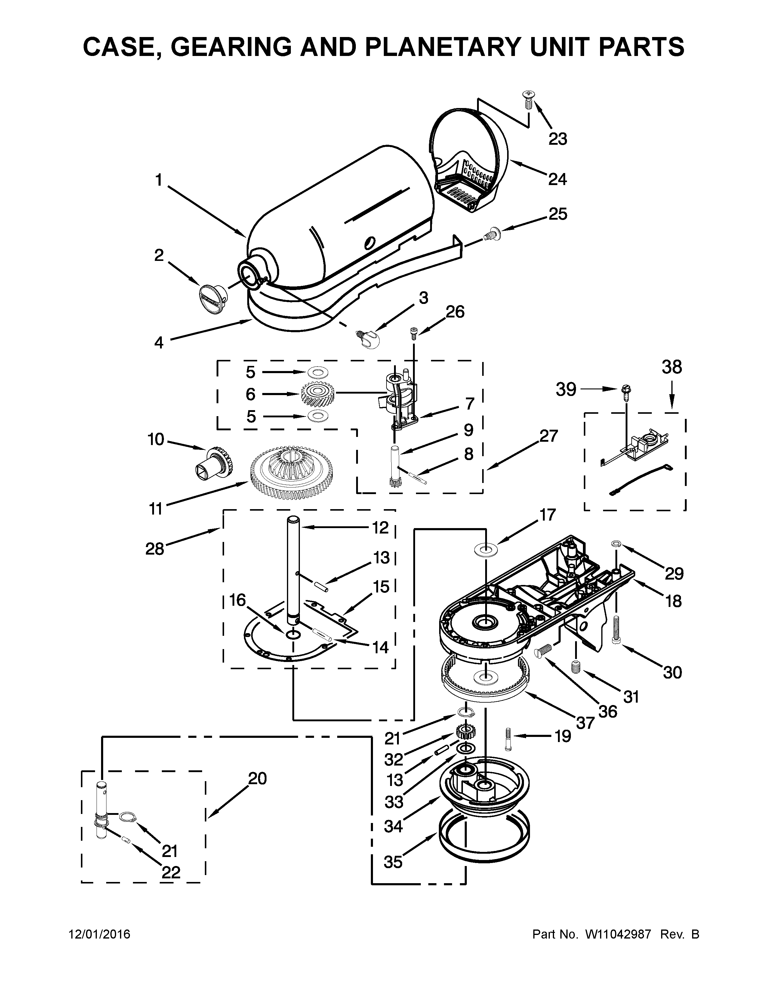 KitchenAid 5KSM170AFP0 case, gearing and planetary unit parts diagram