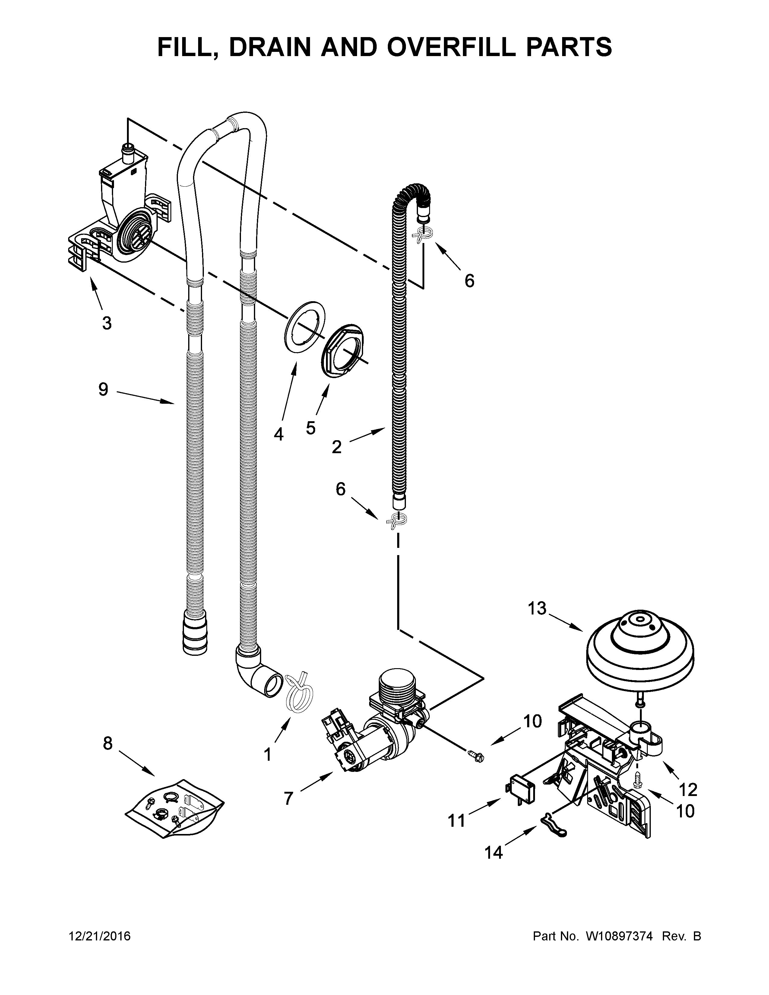 Whirlpool WDF520PADB7 fill, drain and overfill parts diagram