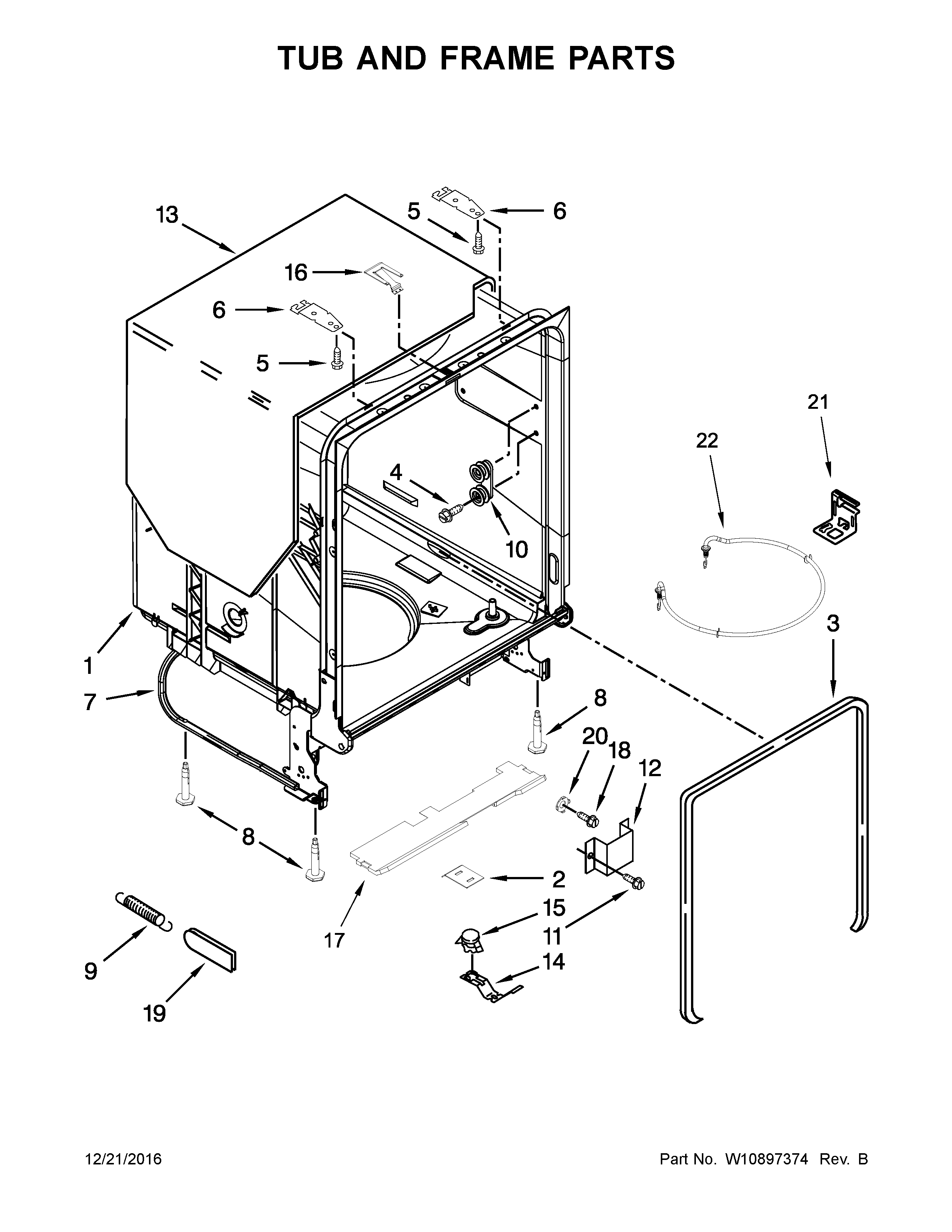 Whirlpool WDF520PADB7 tub and frame parts diagram