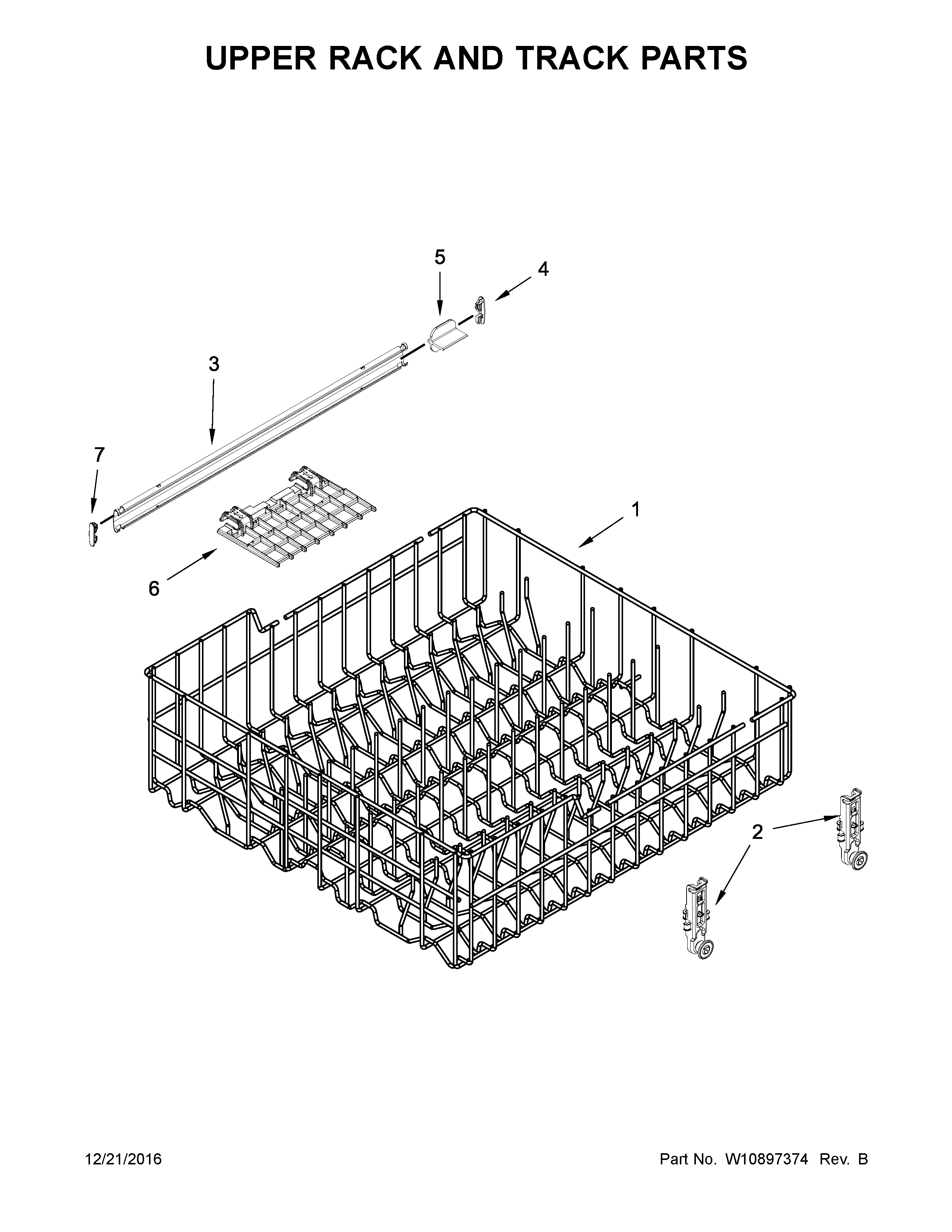 Whirlpool WDF520PADB7 upper rack and track parts diagram