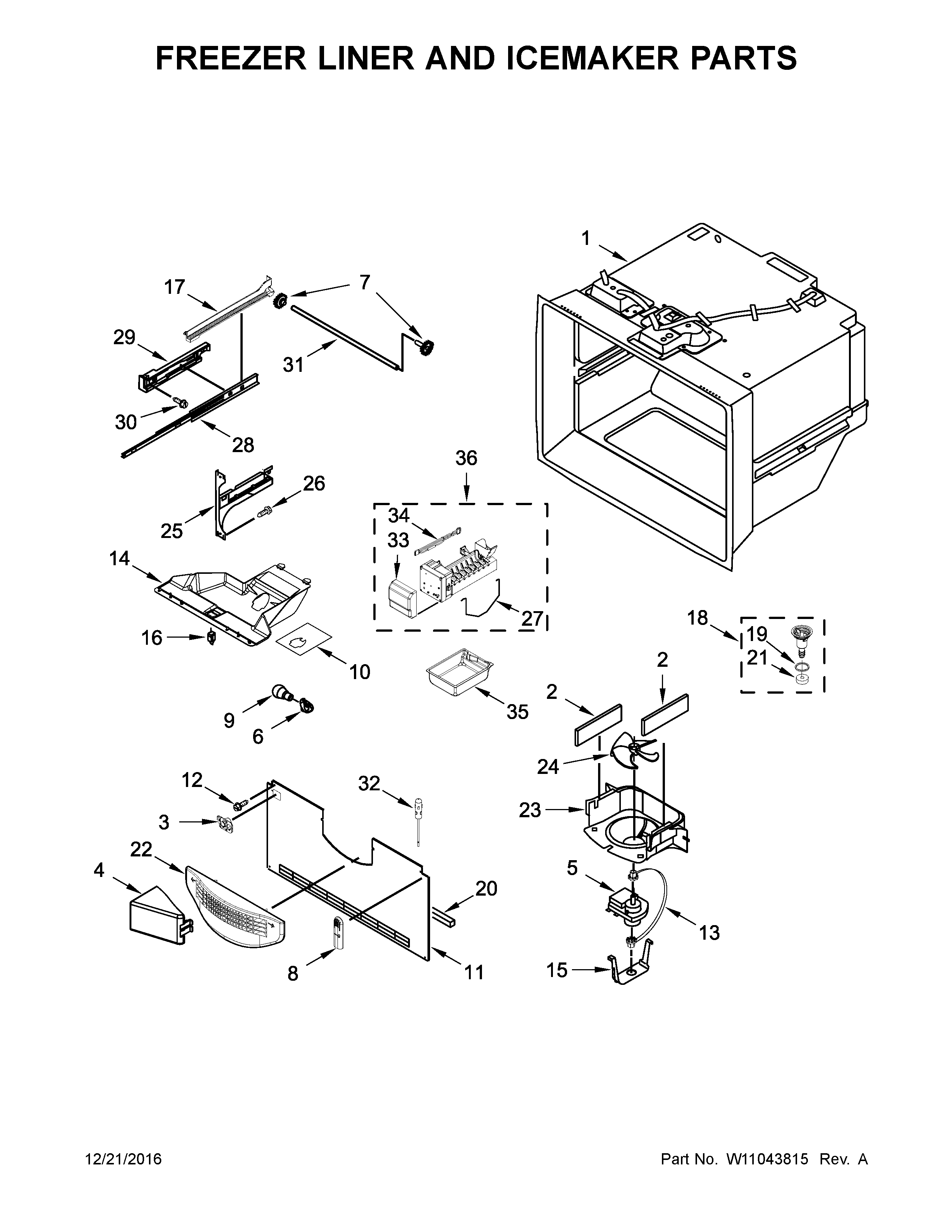 Whirlpool WRF535SWHZ00 freezer liner and icemaker parts diagram
