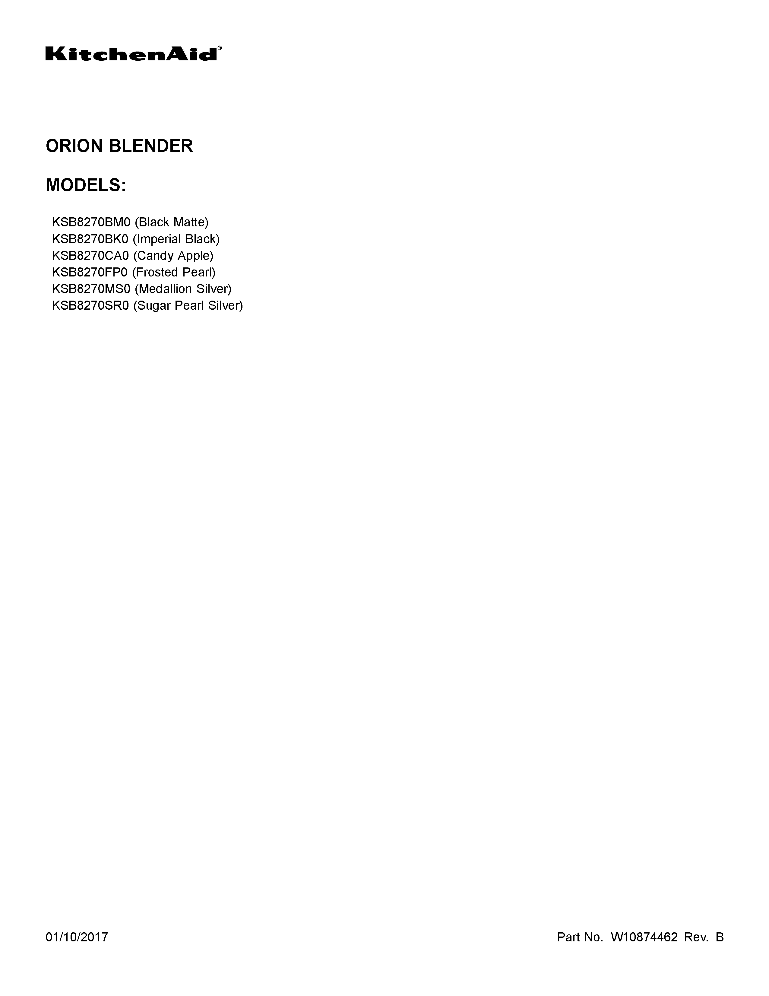 KitchenAid KSB8270BM0 cover sheet diagram