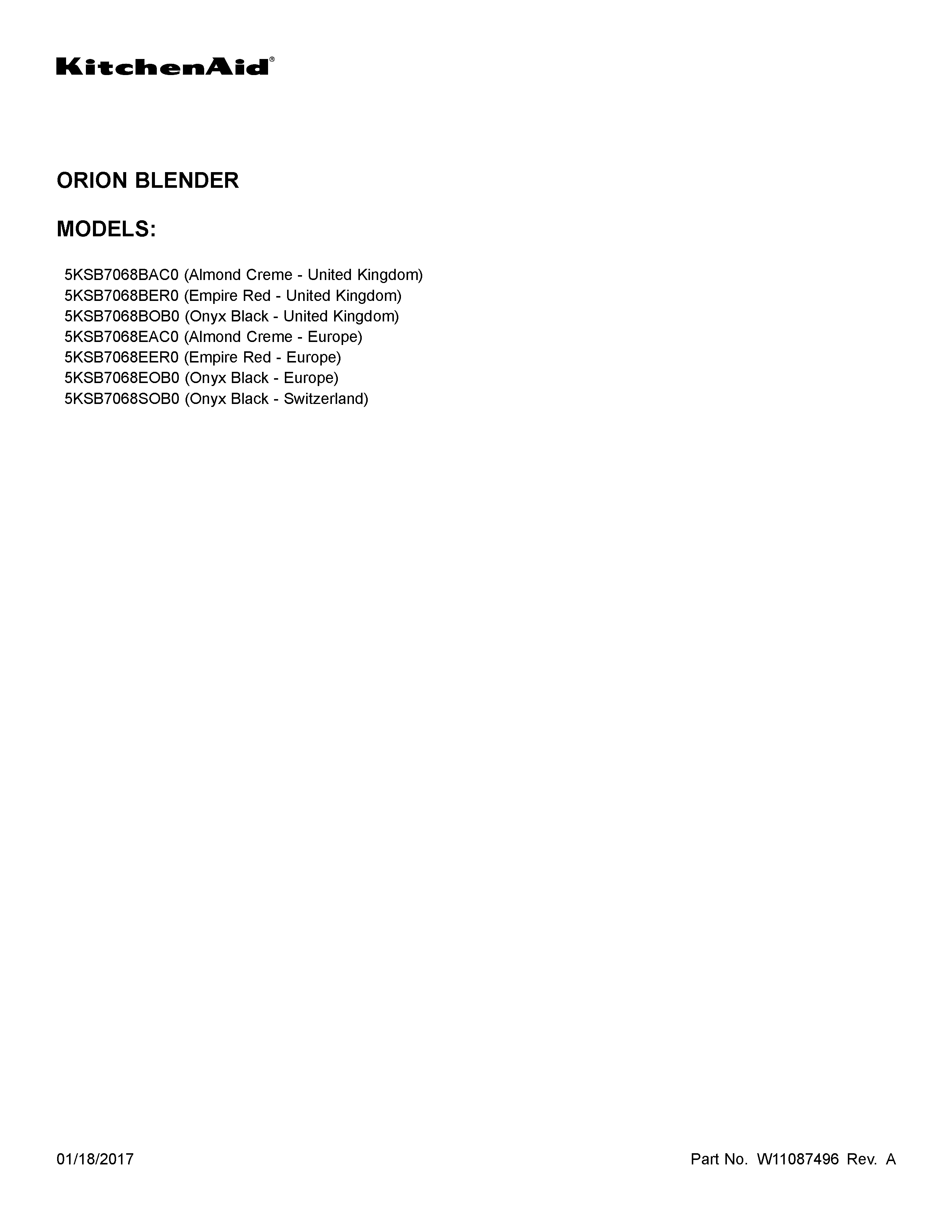 KitchenAid 5KSB7068EAC0 cover sheet diagram