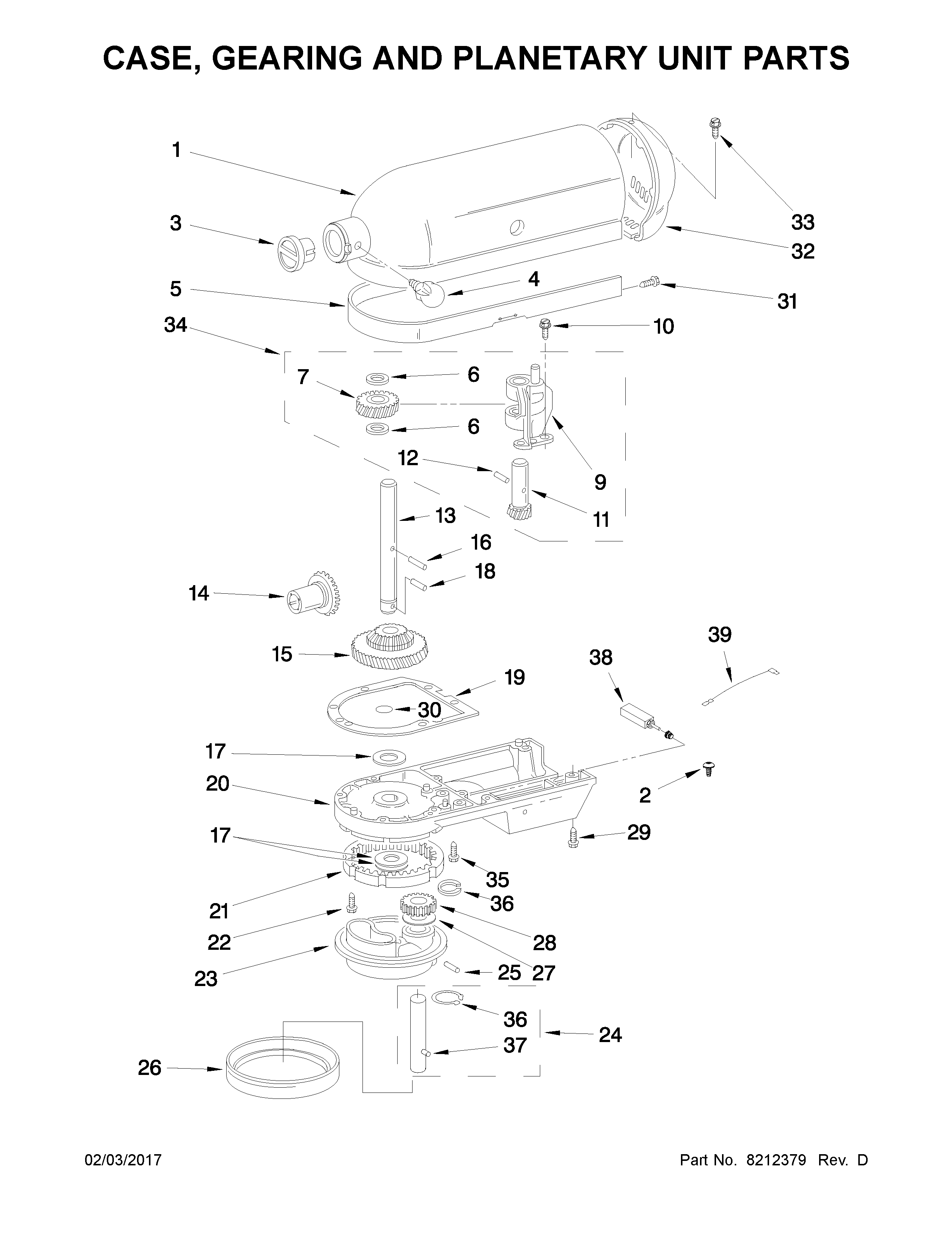 KitchenAid 5KPM5EGR4 case, gearing and planetary unit parts diagram