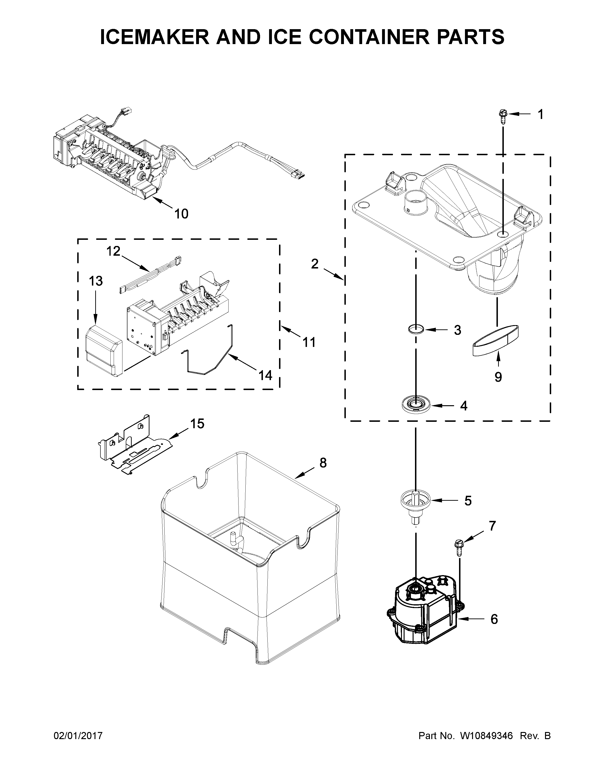Whirlpool WRF767SDEM01 icemaker and ice container parts diagram