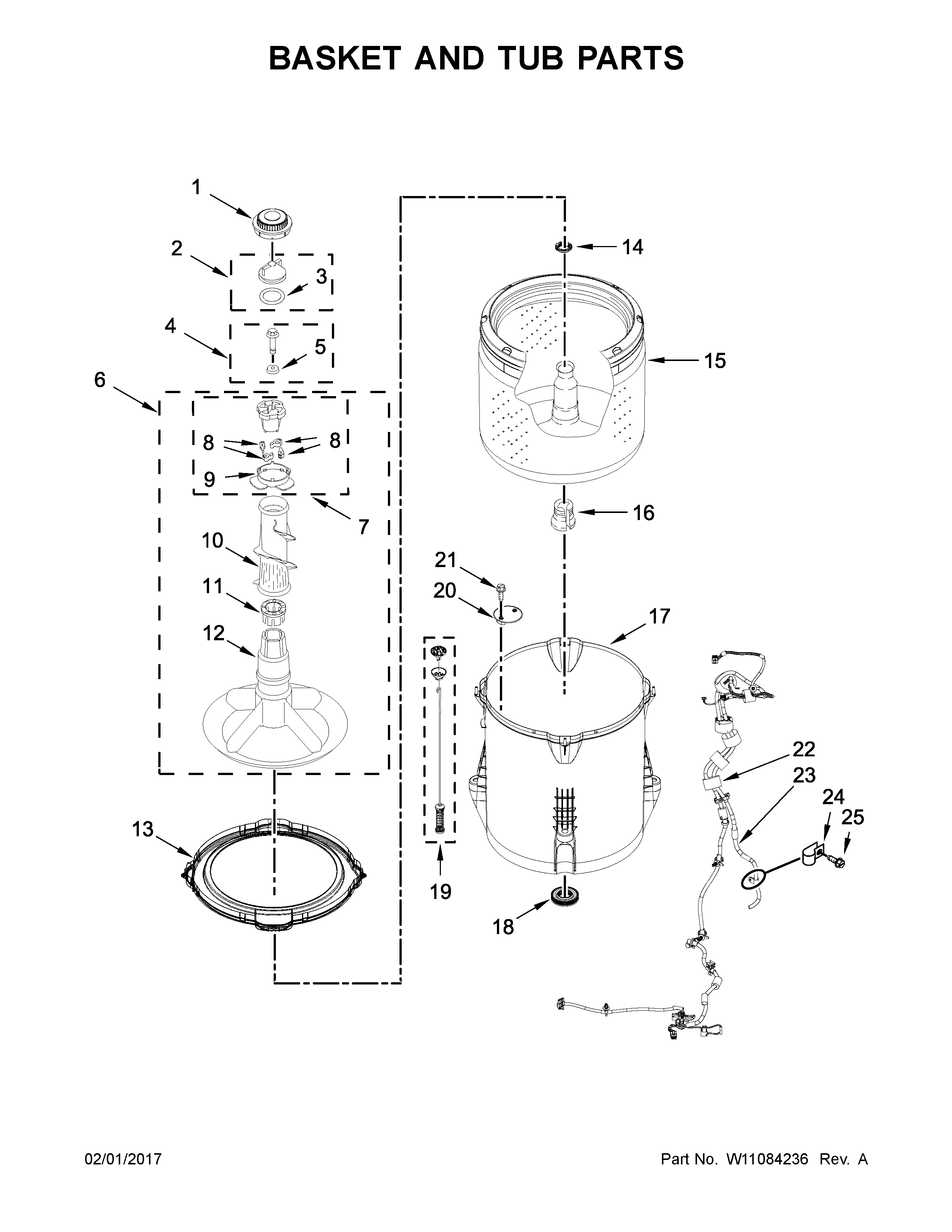 Crosley VAW3584GW0 basket and tub parts diagram