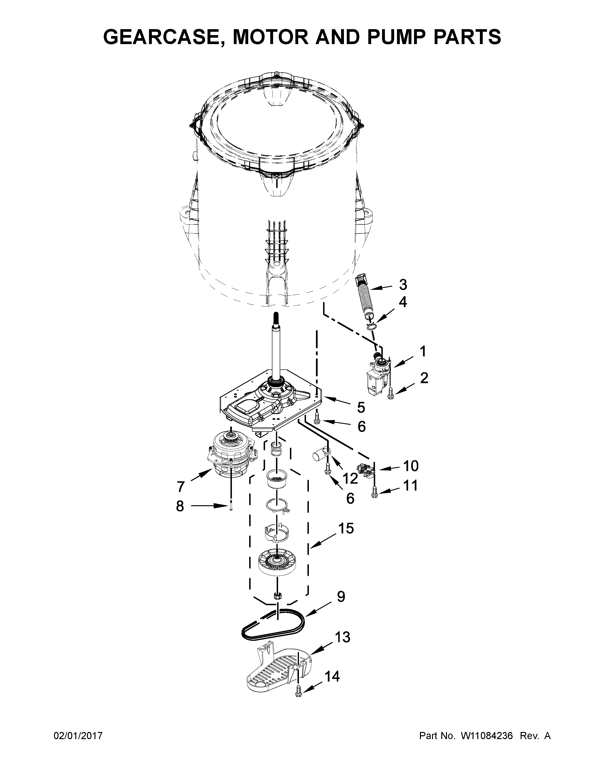 Crosley VAW3584GW0 gearcase, motor and pump parts diagram