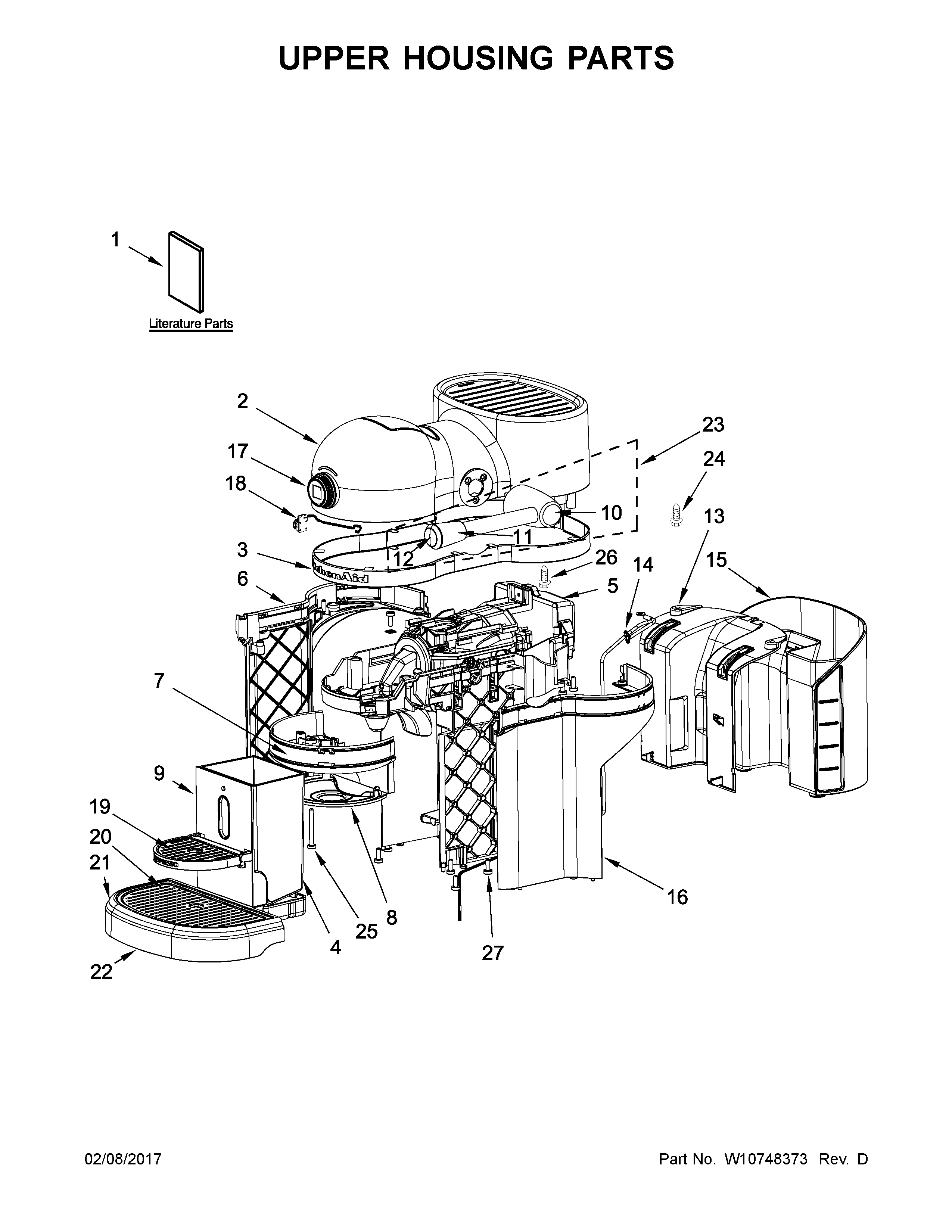 KitchenAid 5KES0503SFP0 upper housing parts diagram