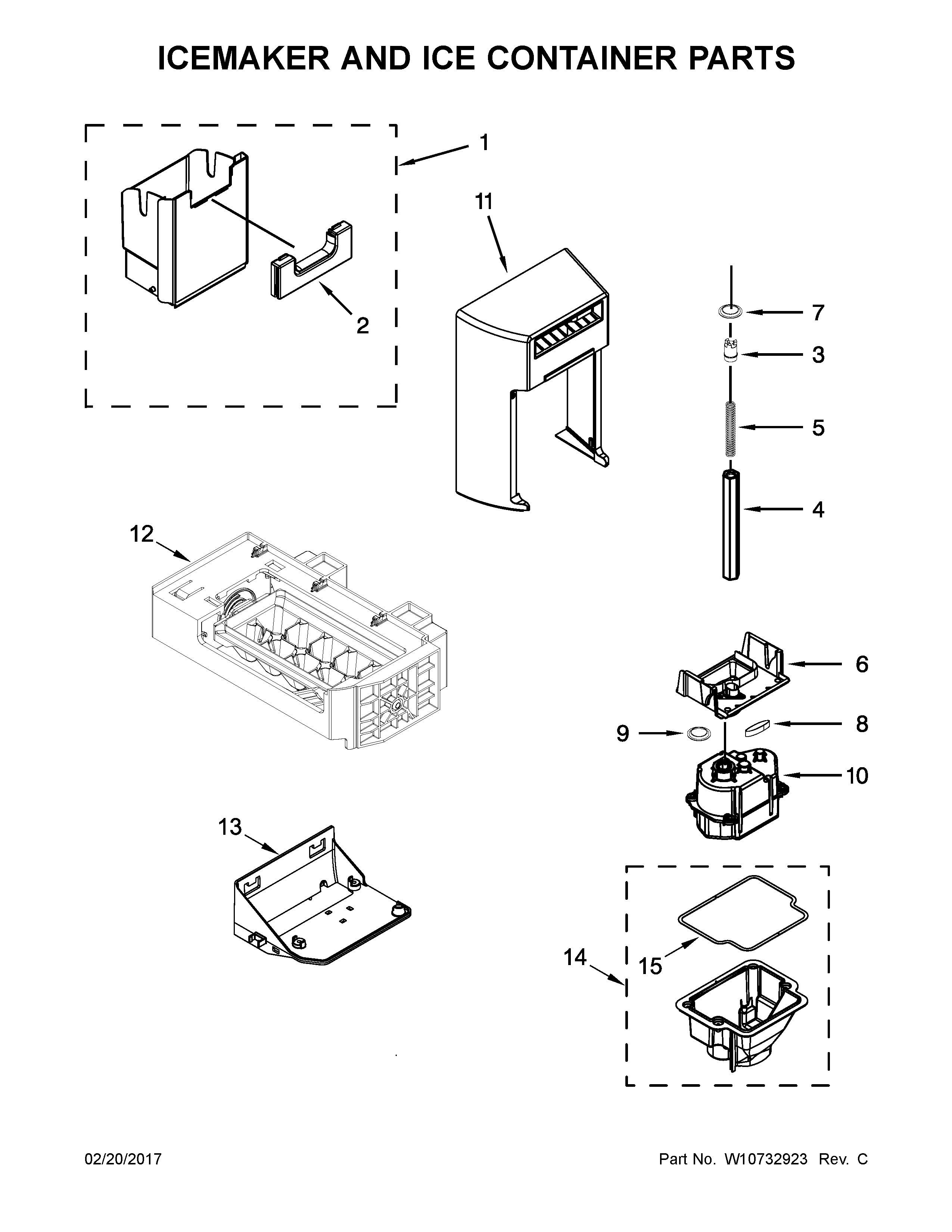 Whirlpool WRS586FLDW00 icemaker and ice container parts diagram