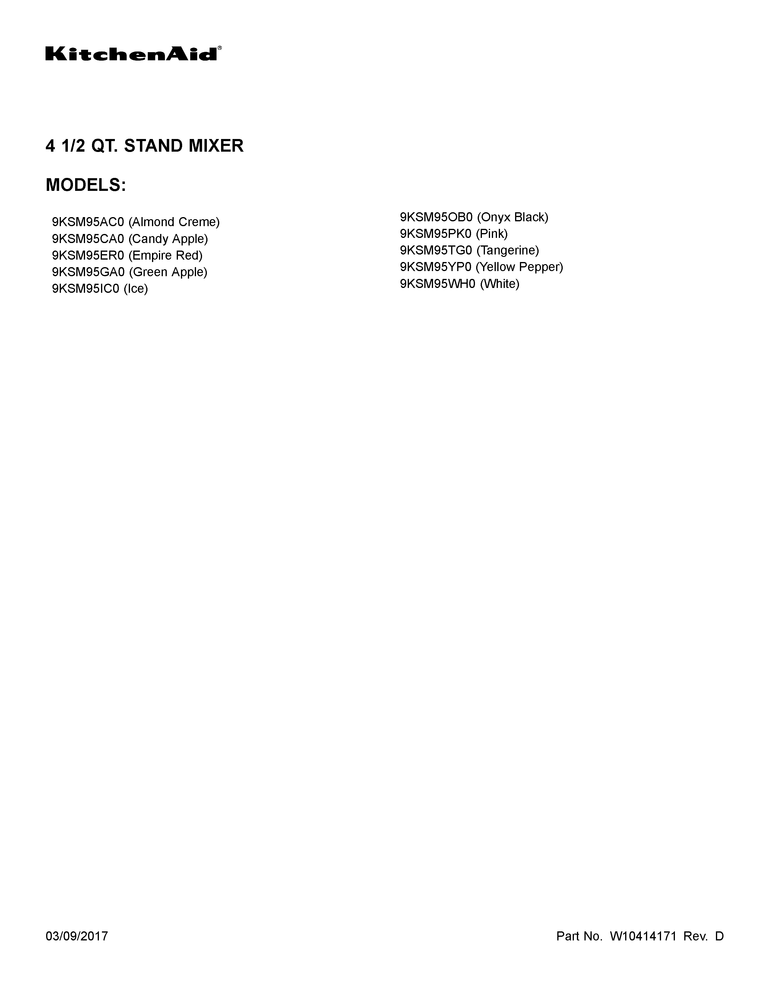 KitchenAid 9KSM95IC0 cover sheet diagram