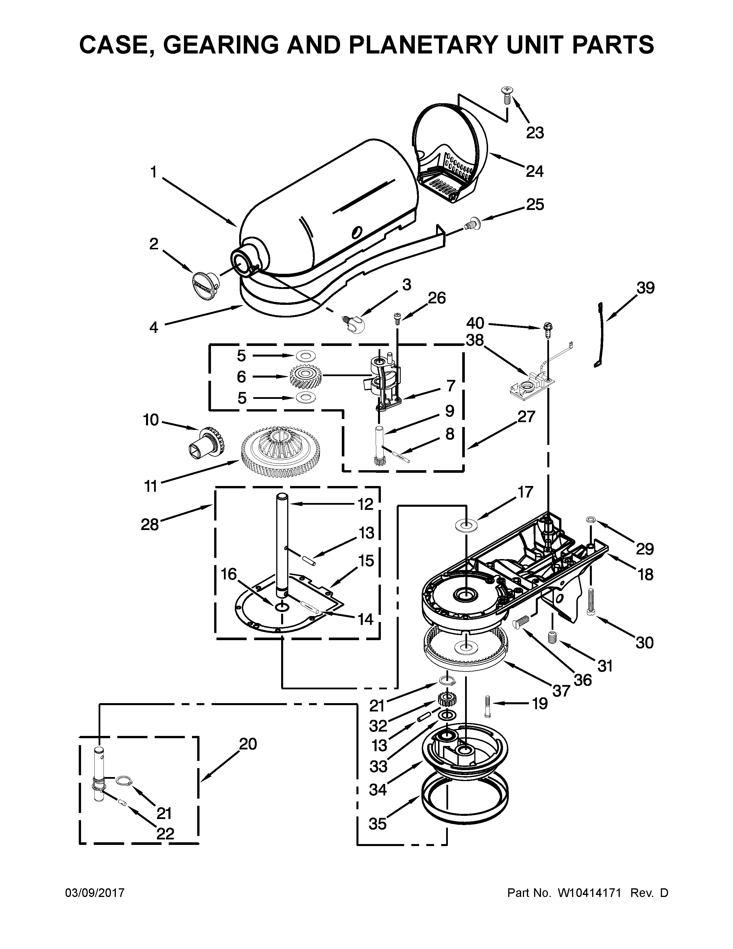 KitchenAid 9KSM95IC0 case, gearing and planetary unit parts diagram