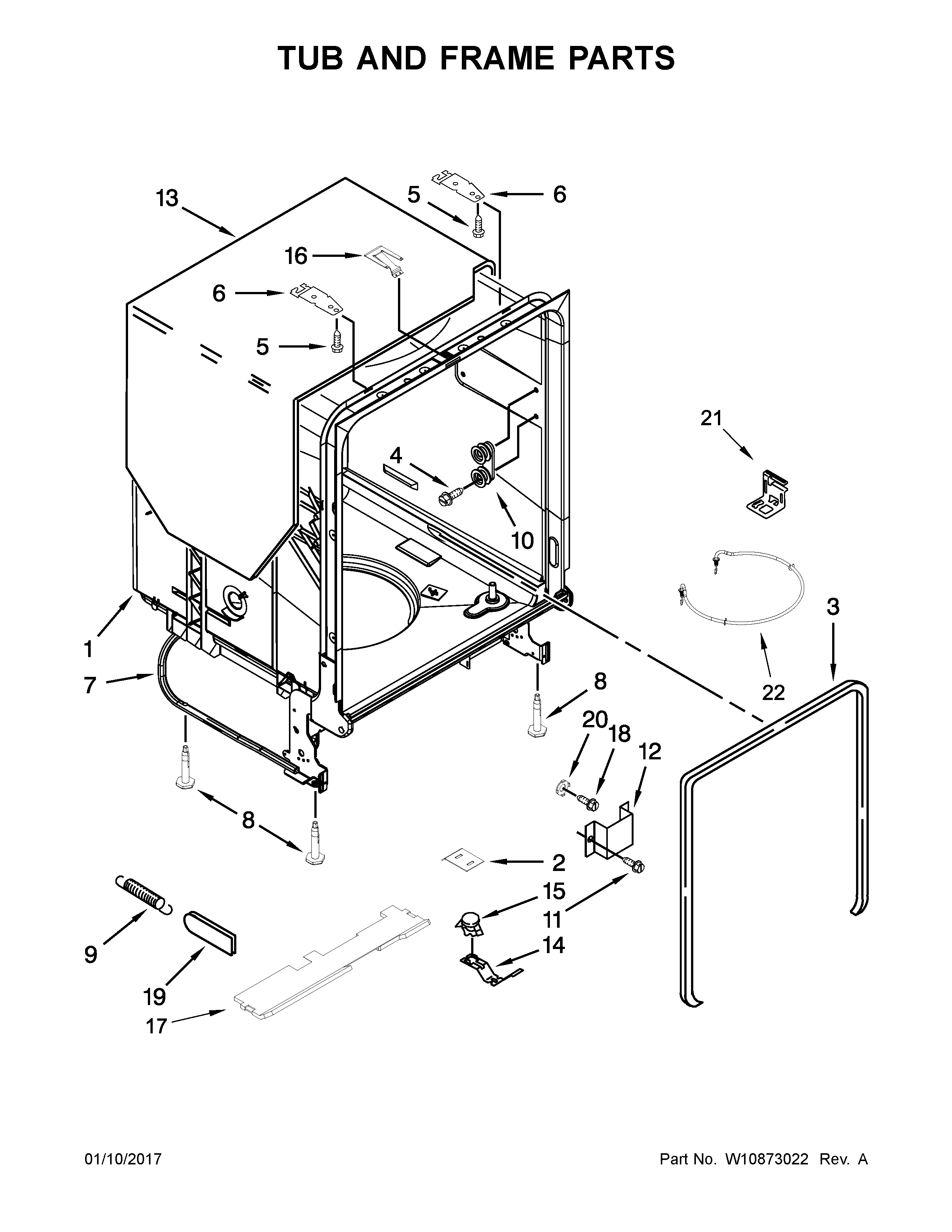Whirlpool WDF540PADM3 tub and frame parts diagram