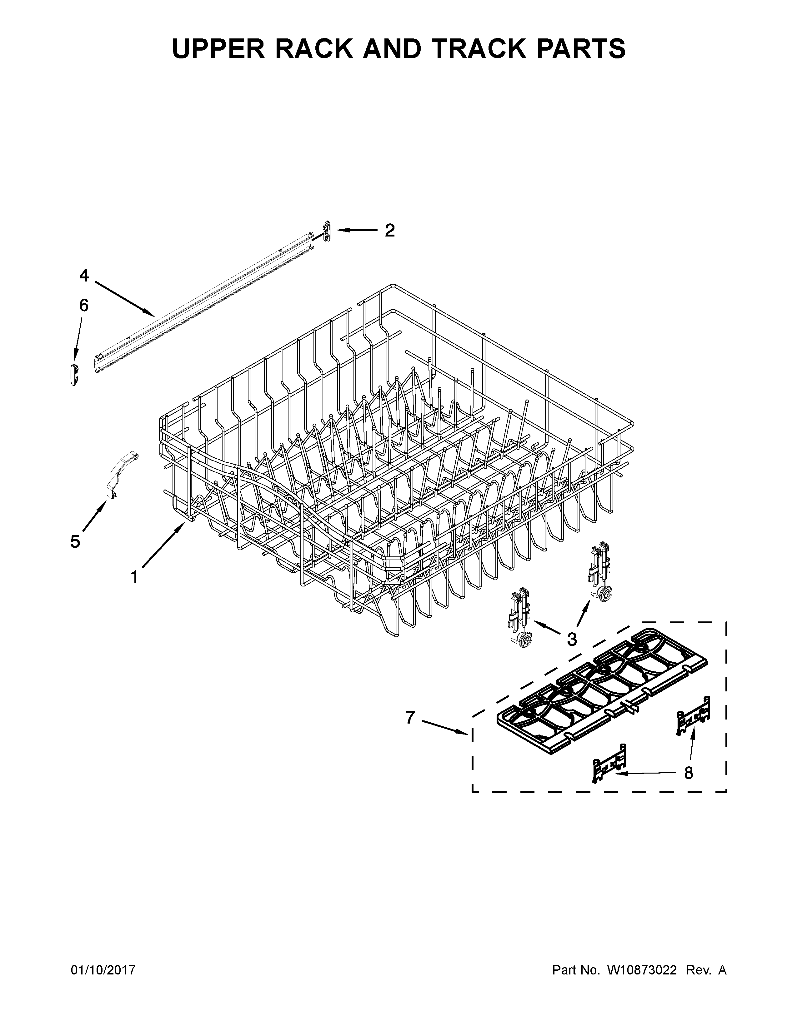 Whirlpool WDF540PADM3 upper rack and track parts diagram