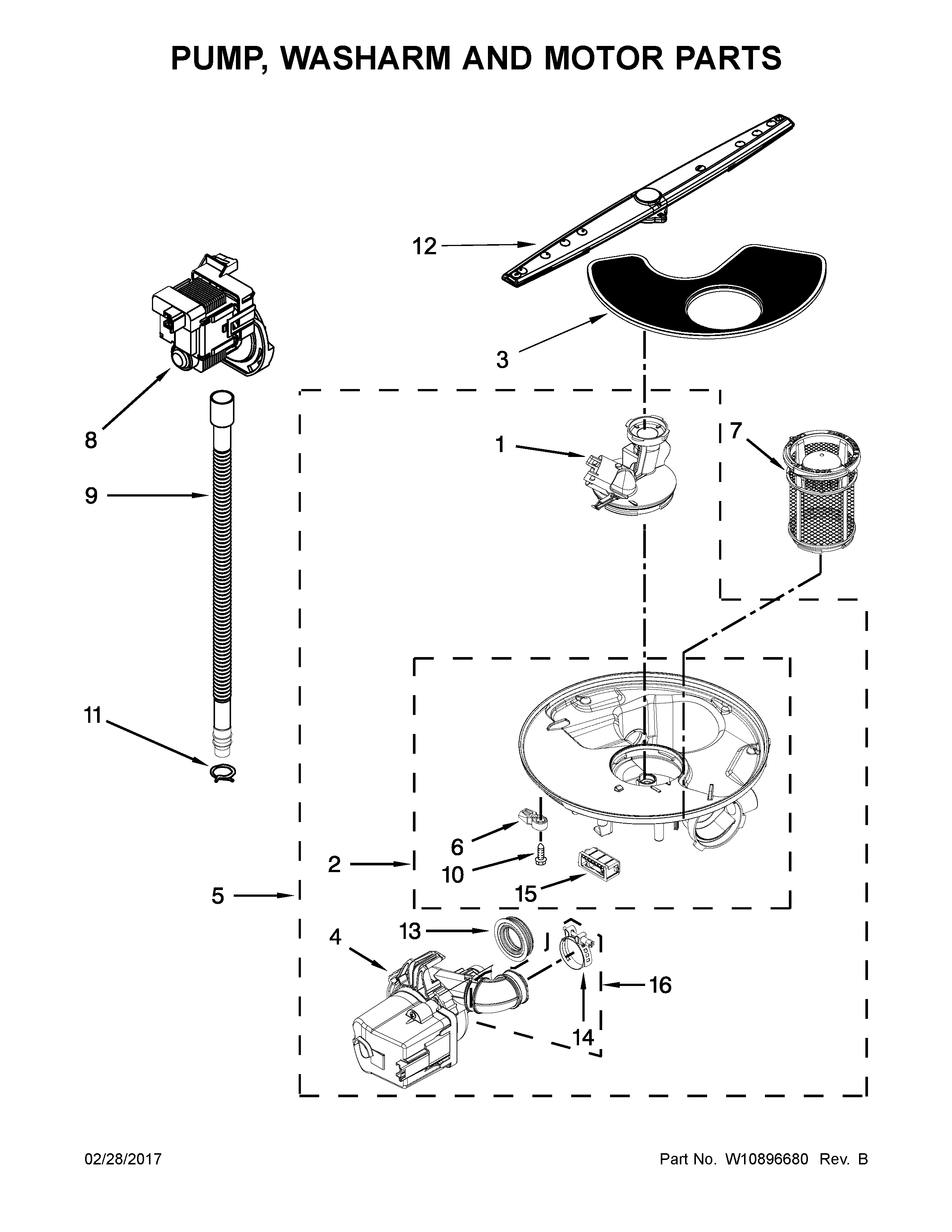Whirlpool WDF110PABT5 pump, washarm and motor parts diagram