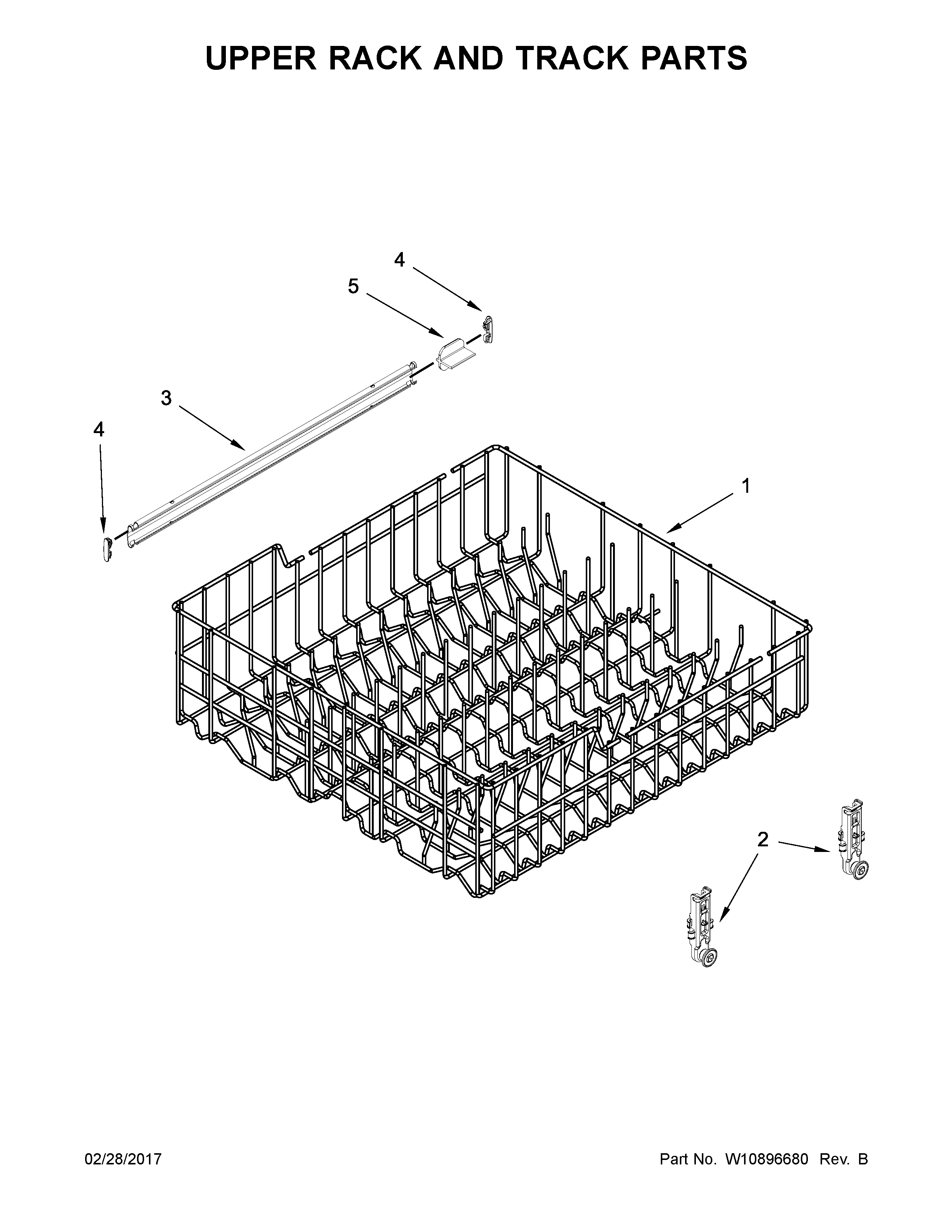 Whirlpool WDF110PABT5 upper rack and track parts diagram