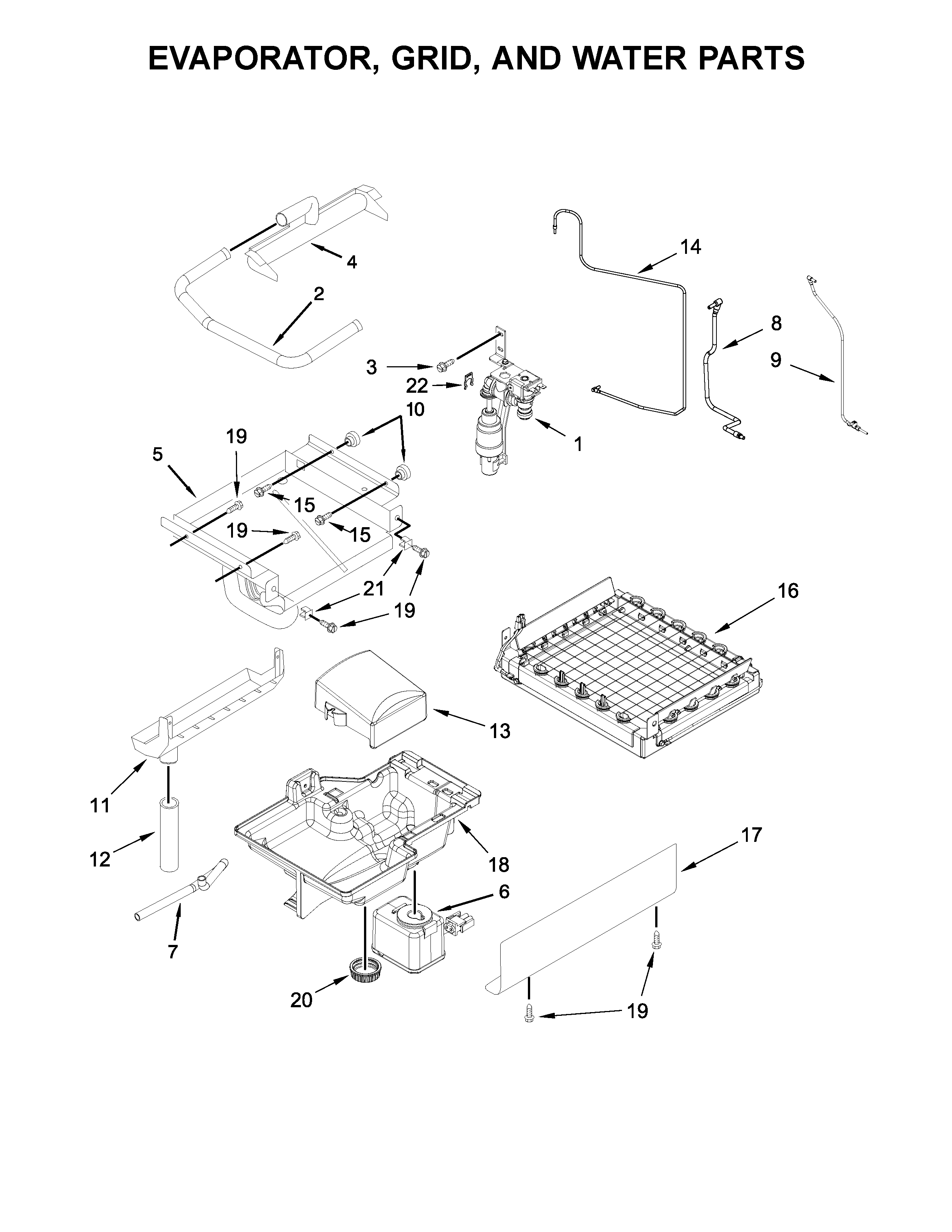 KitchenAid KUIC15POZP2 evaporator, grid, and water parts diagram