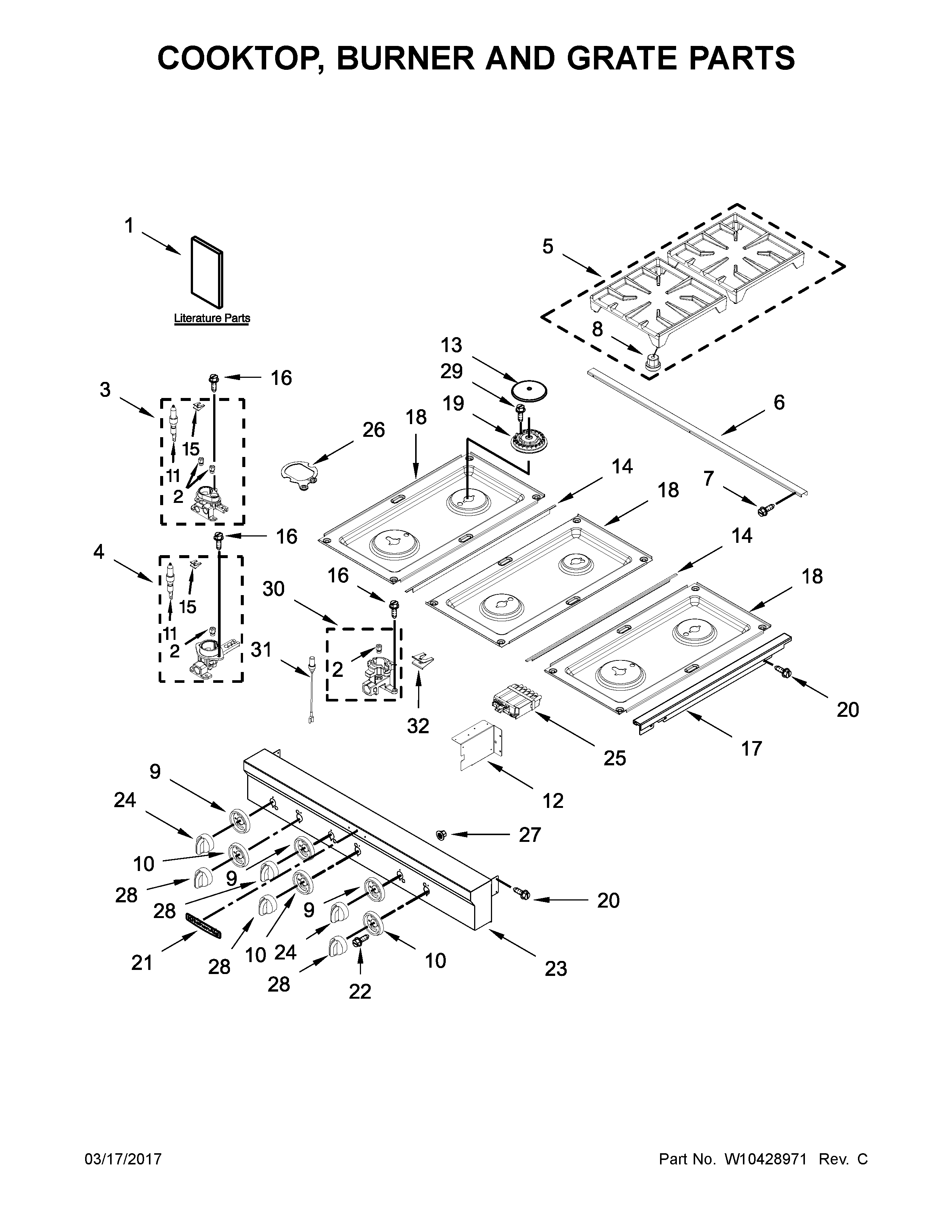 KitchenAid KGCU467VSS01 cooktop, burner and grate parts diagram