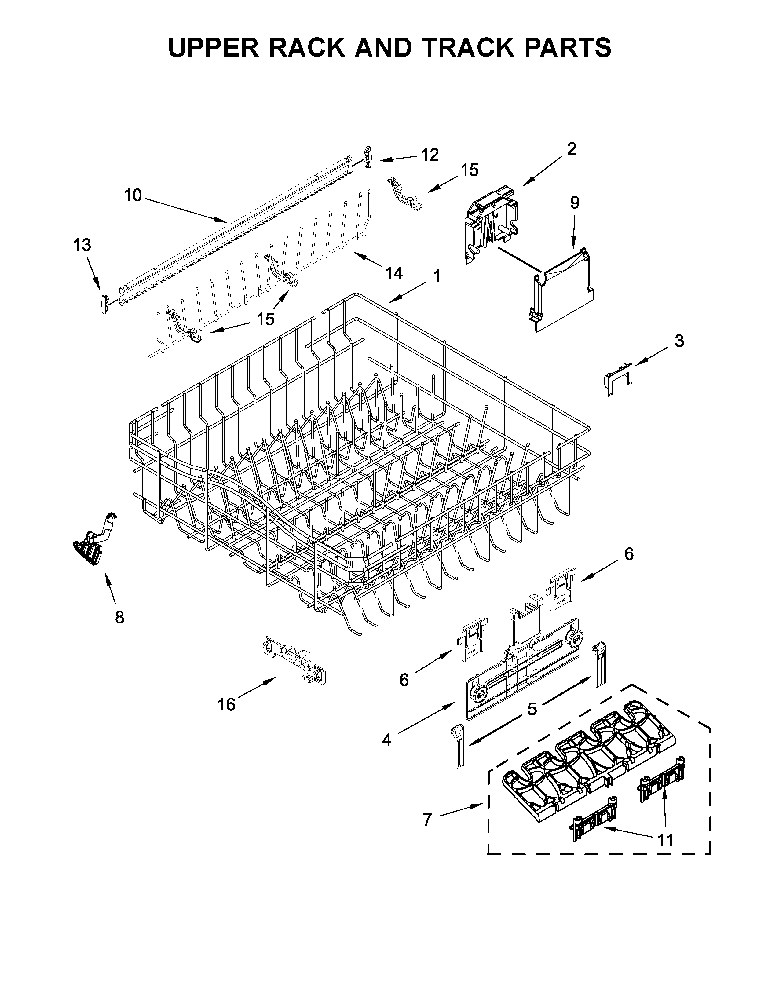 Whirlpool WDT970SAHV0 upper rack and track parts diagram