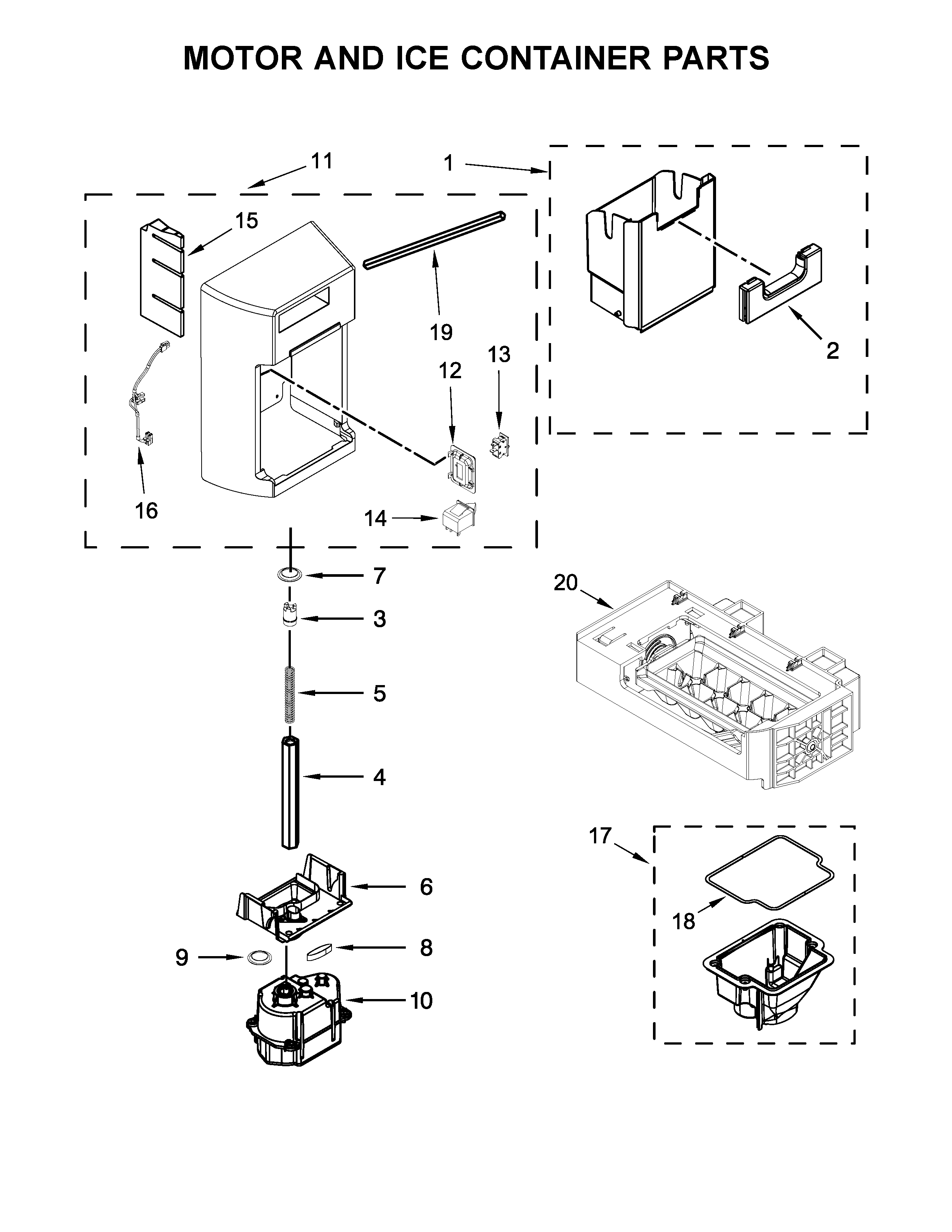 Whirlpool WRS576FIDB02 motor and ice container parts diagram