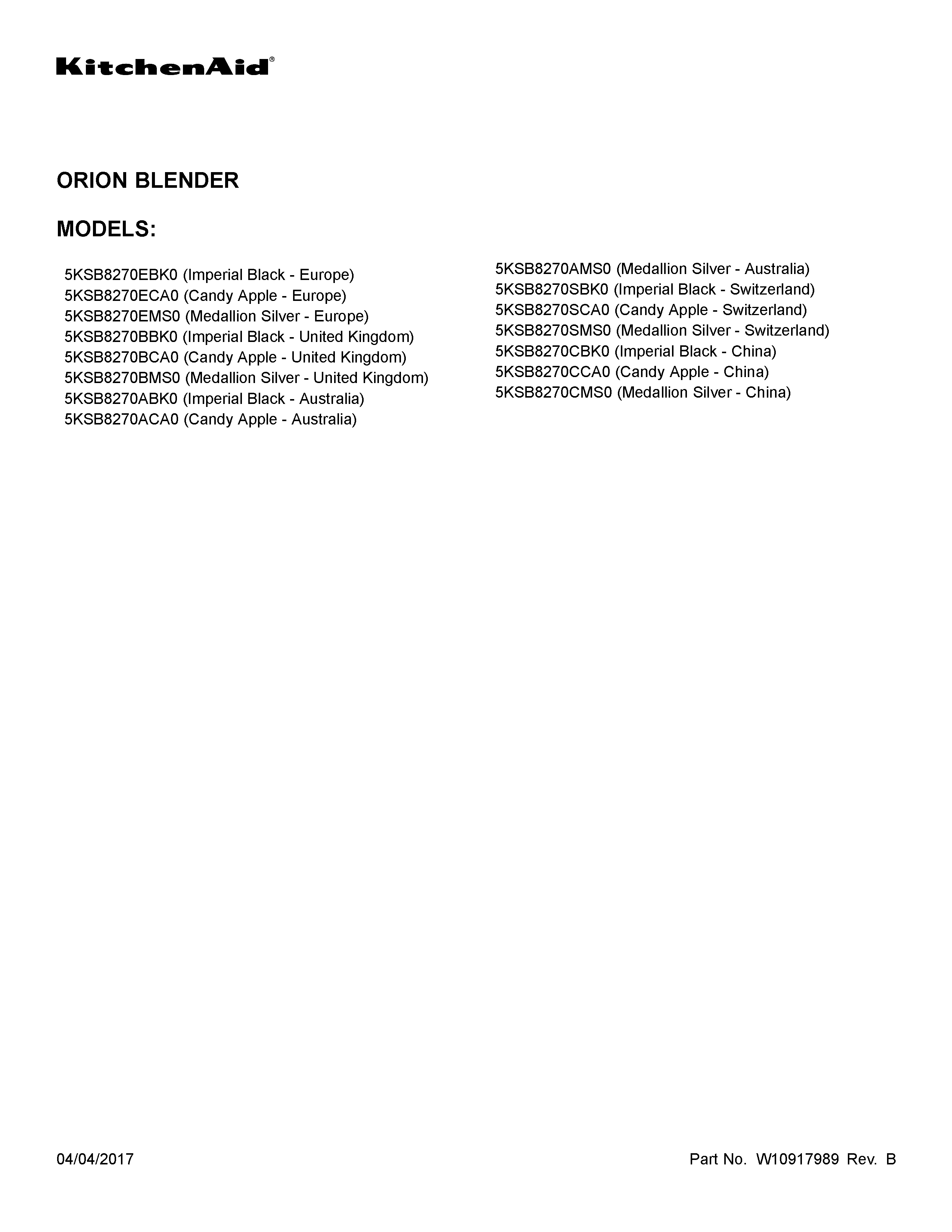 KitchenAid 5KSB8270ACA0 cover sheet diagram