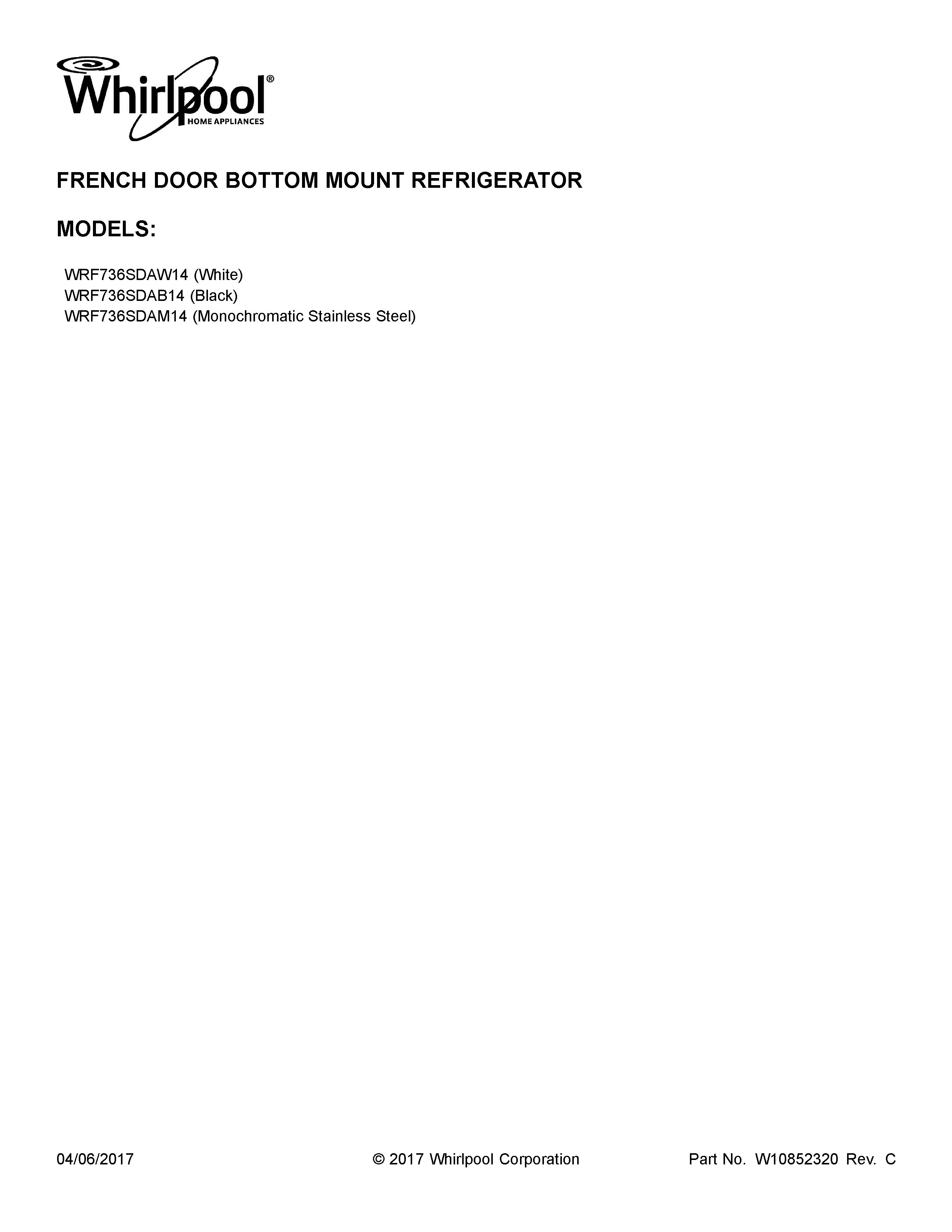 Whirlpool WRF736SDAB14 cover sheet diagram