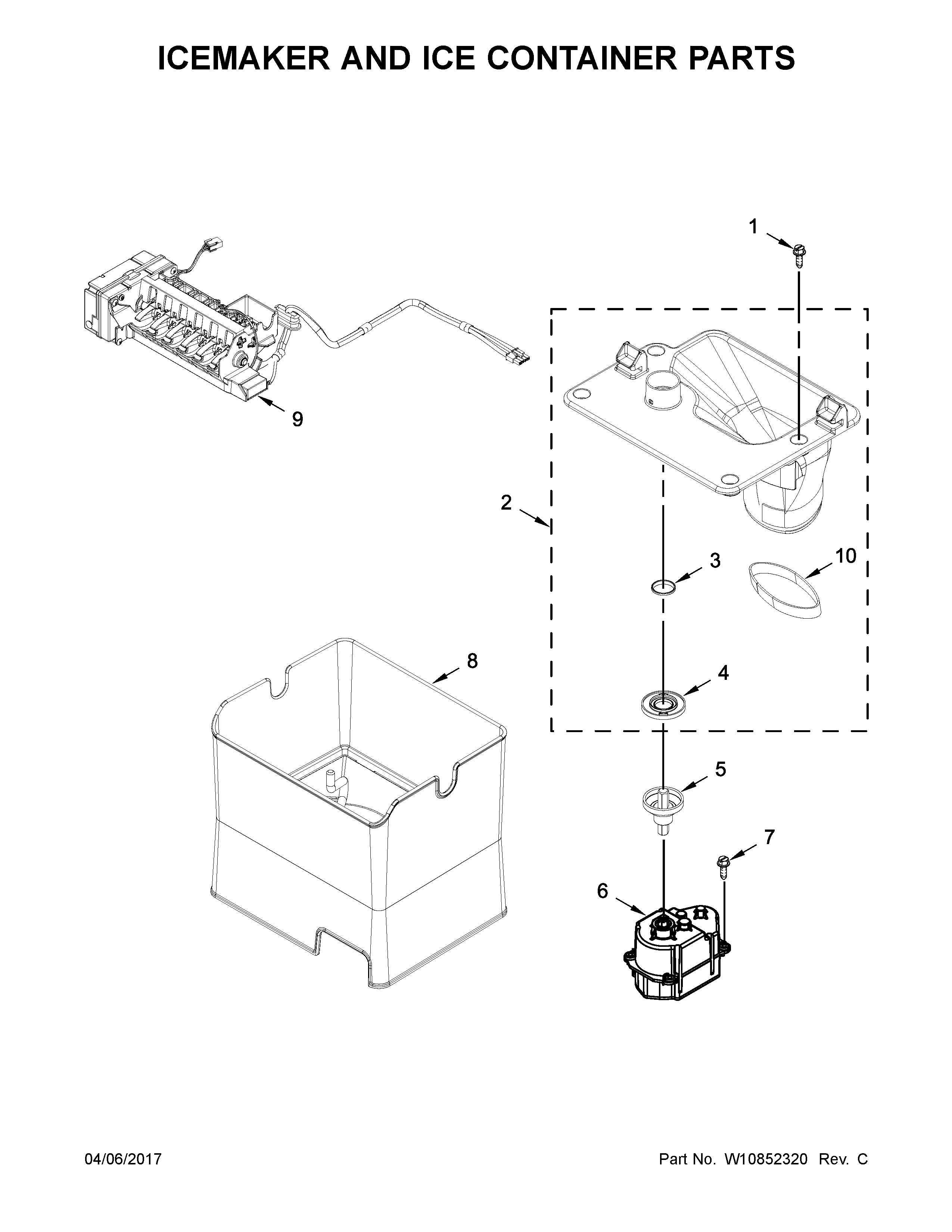 Whirlpool WRF736SDAB14 icemaker and ice container parts diagram