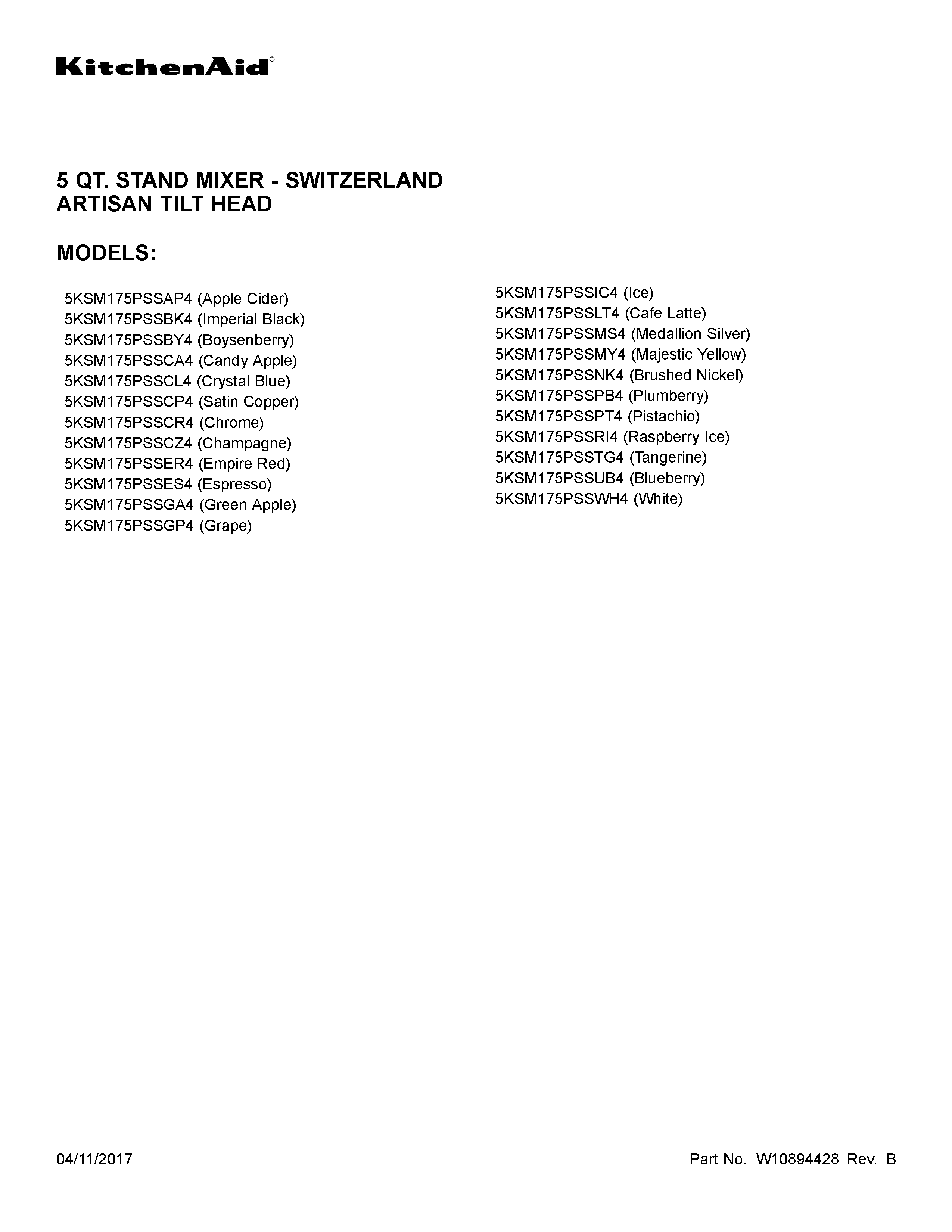 KitchenAid 5KSM175PSSMY4 cover sheet diagram
