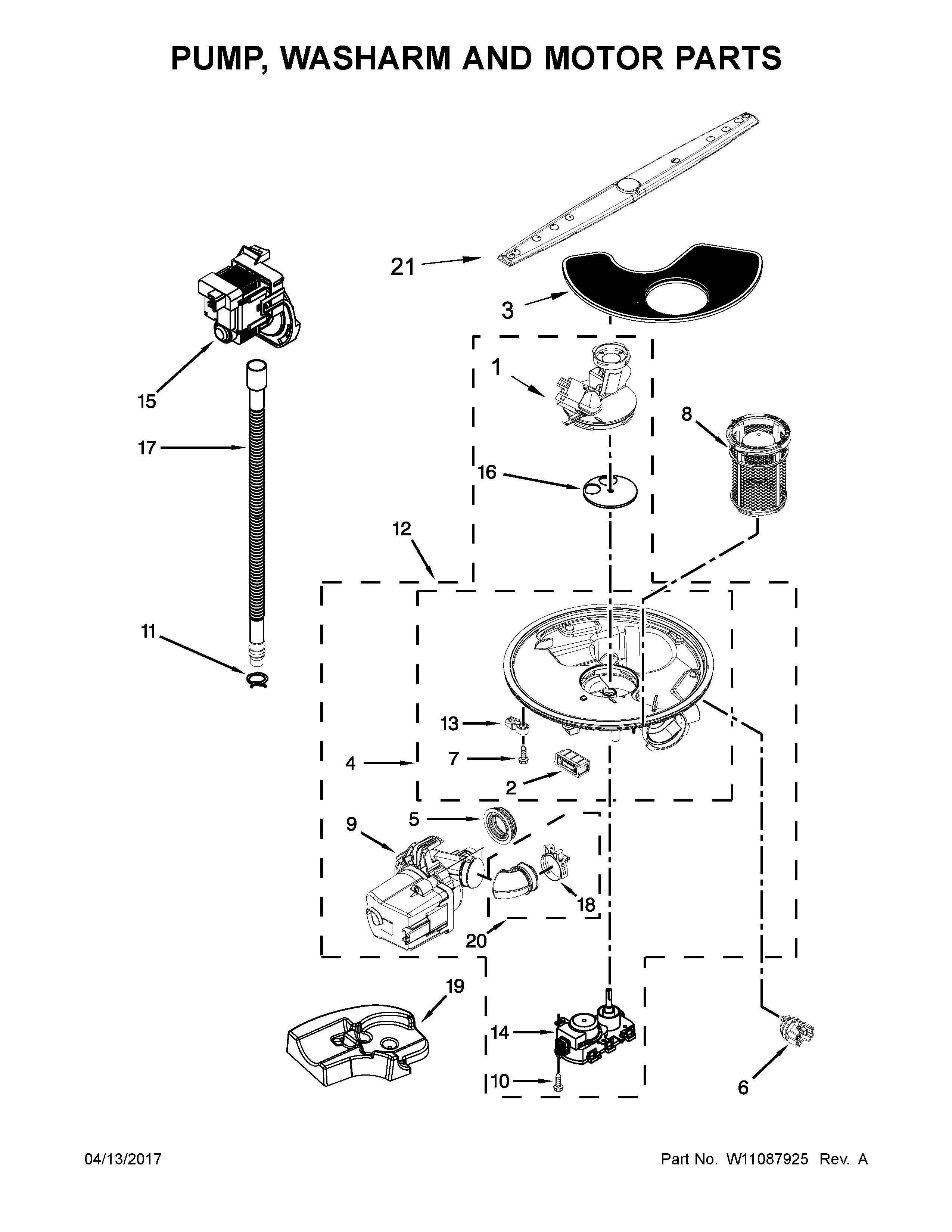 Whirlpool WDTA50SAHZ0 pump, washarm and motor parts diagram