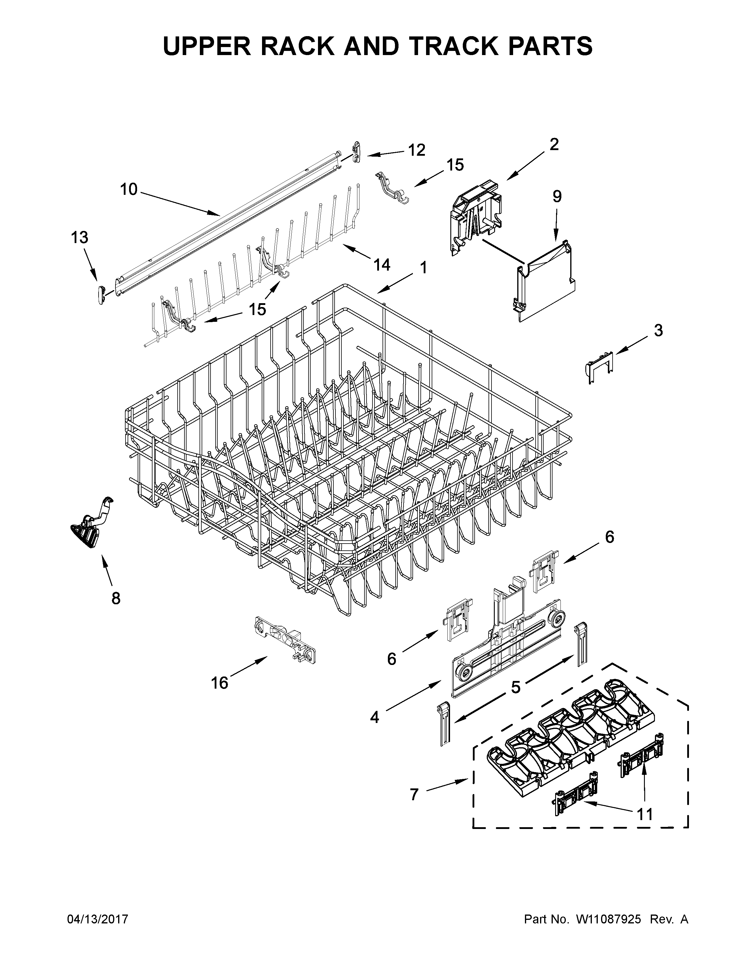 Whirlpool WDTA50SAHZ0 upper rack and track parts diagram