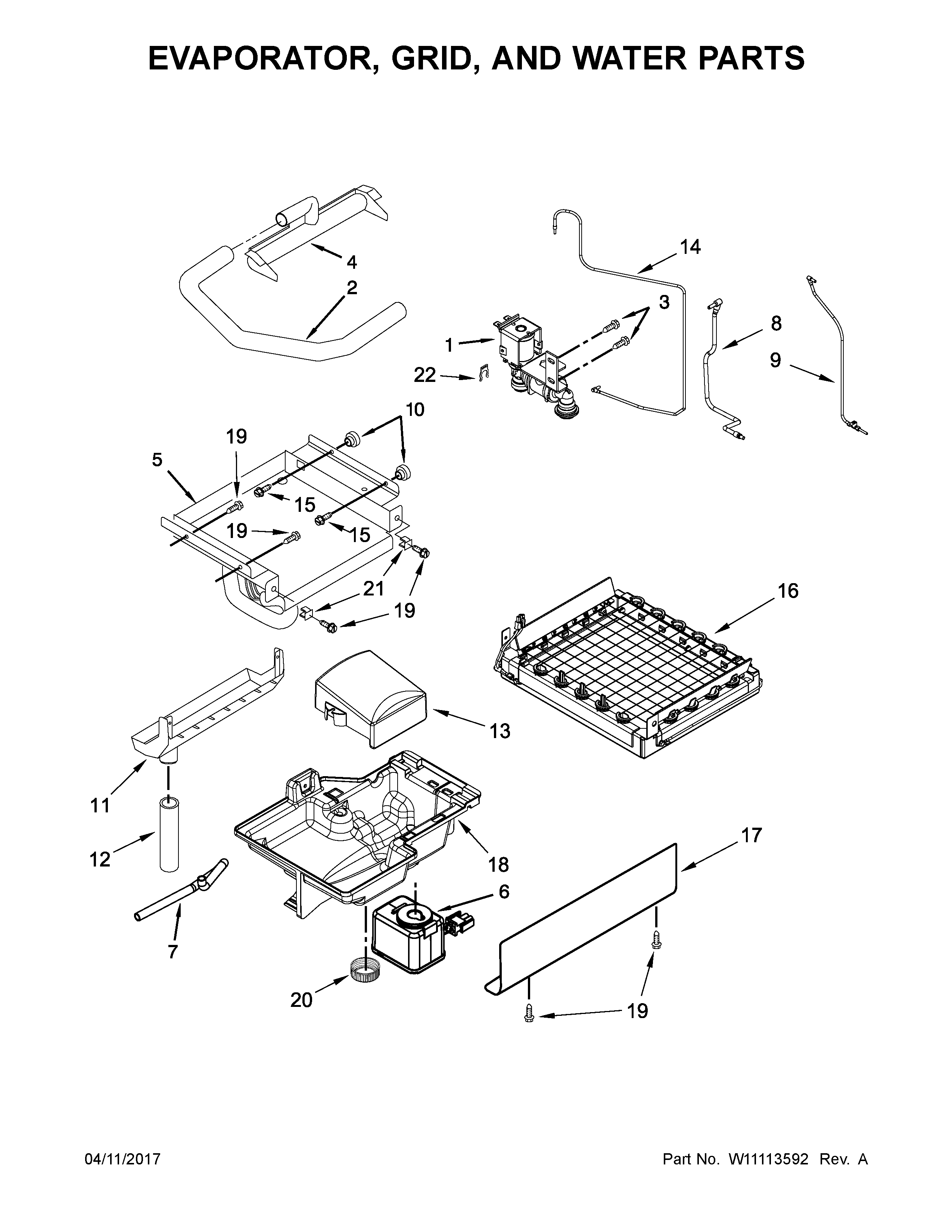 KitchenAid KUIX505EBS1 evaporator, grid, and water parts diagram