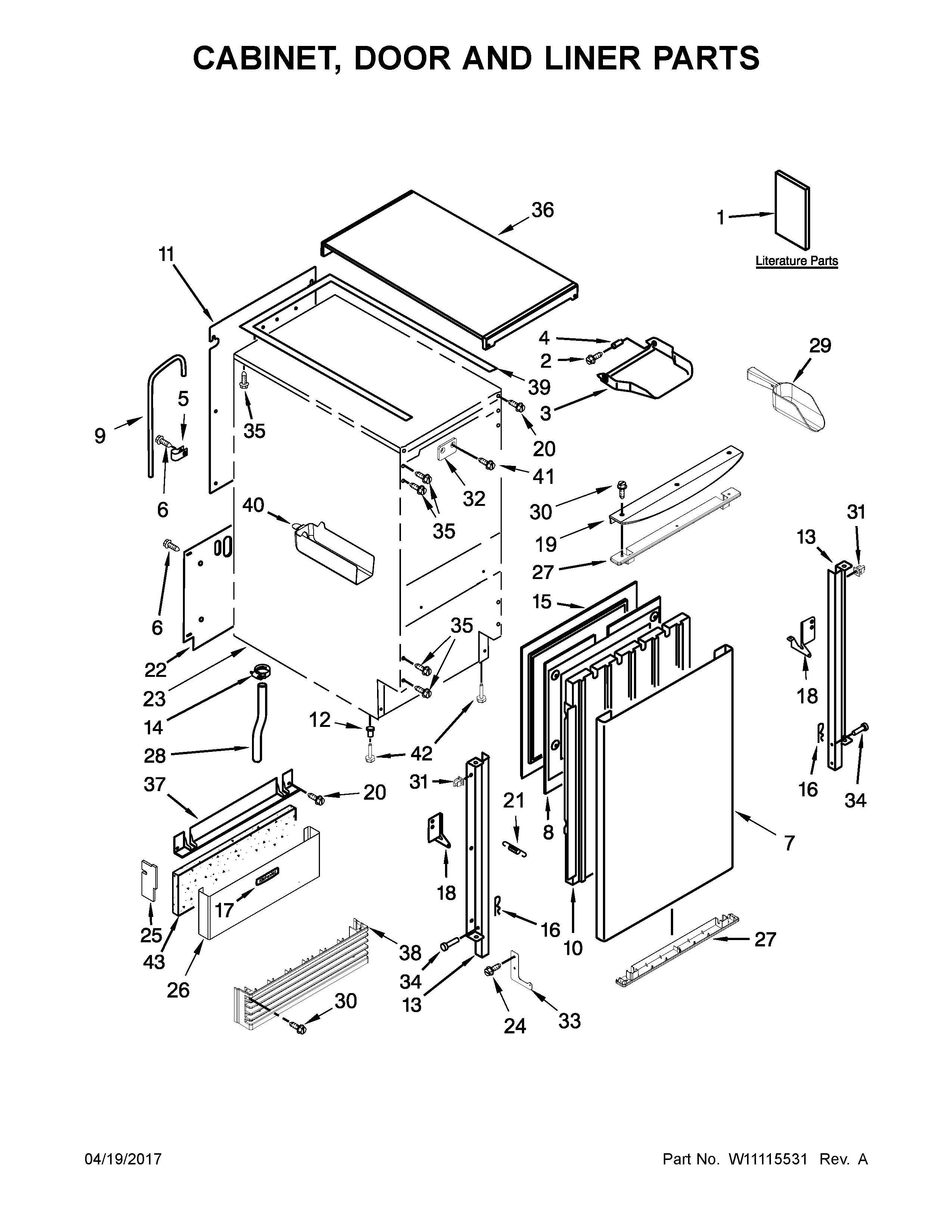 KitchenAid KUIS18PNZB2 cabinet, door and liner parts diagram