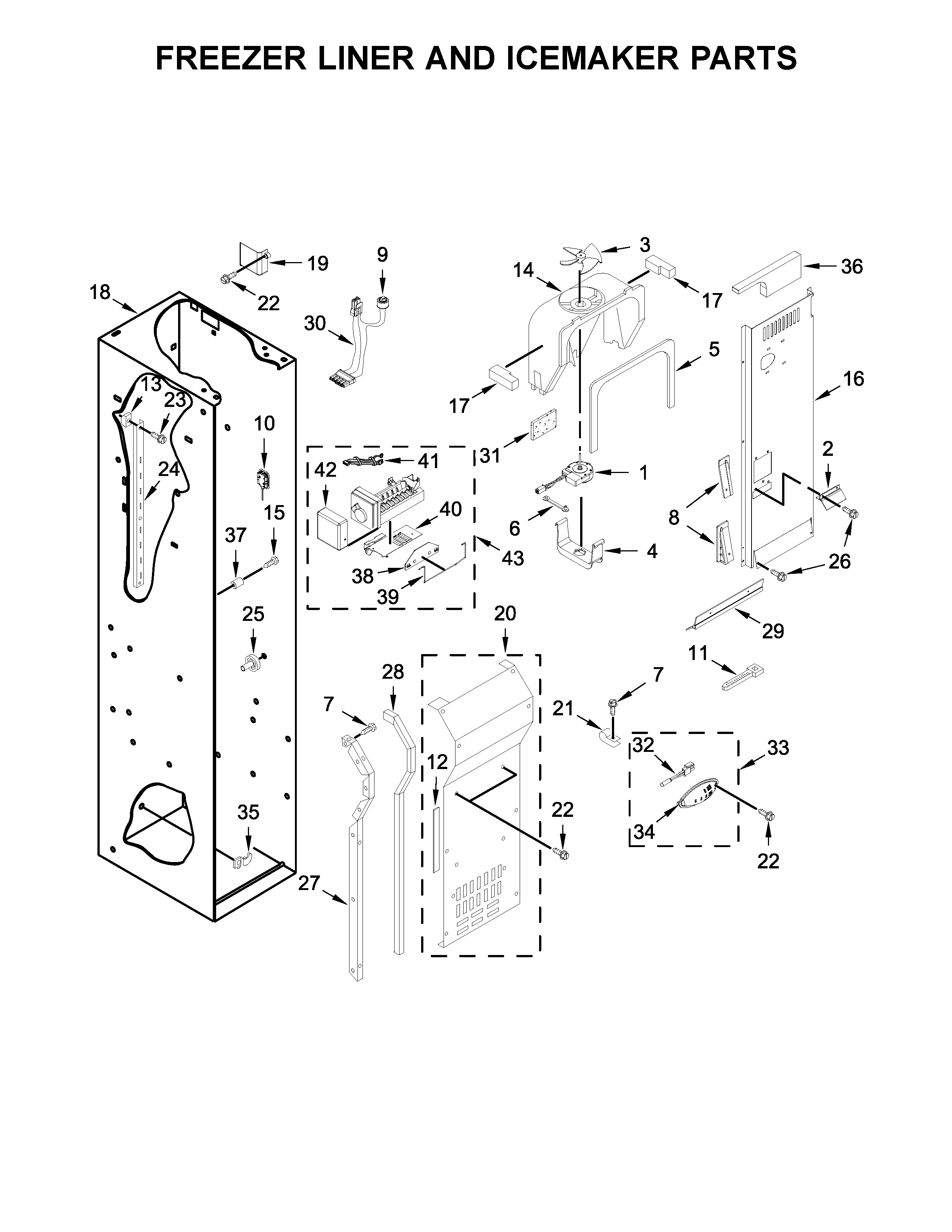 KitchenAid KBSN608EBS01 freezer liner and icemaker parts diagram